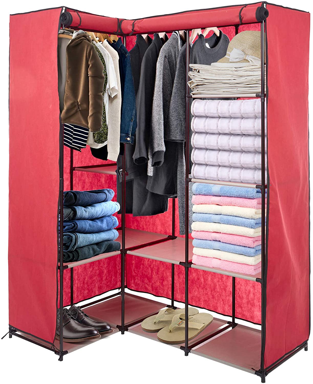 Portable Wardrobe Closets Organizer Cloth Closet Shelves L-Shape Non-Woven Fabric Cover Space-Saving Clothes Organizer Perfect for Bedroom Corner, Red
