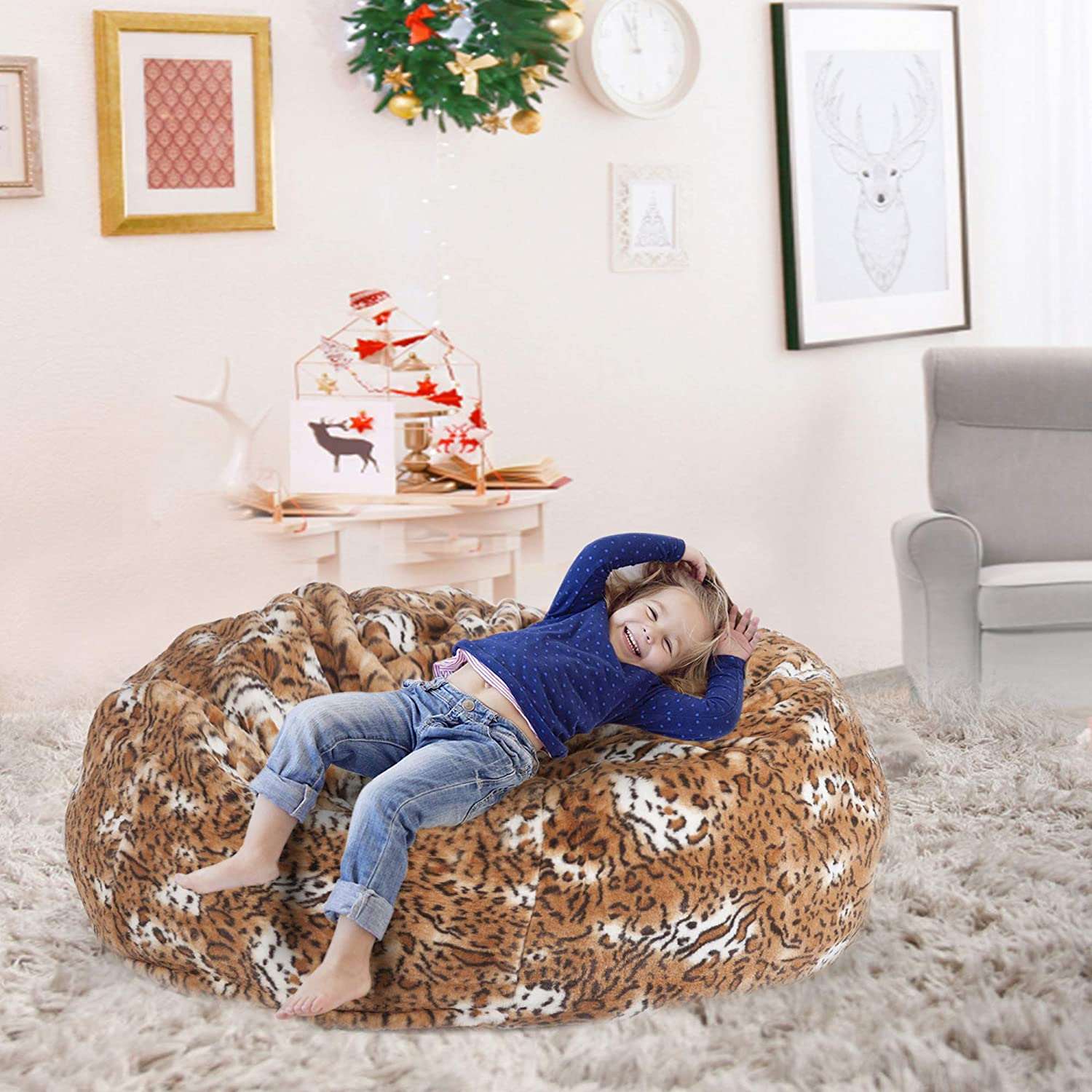 Big Plush Bean Bag Chair,Comfy Furry Lounger Sofa Seat with Detachable Covers,Luxury Memory Sponge Filled Furniture Leopard Print