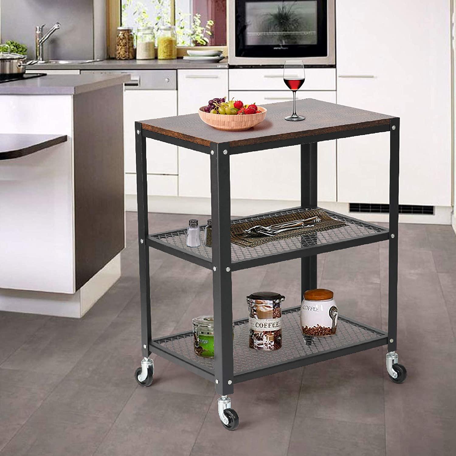 Modern Style Storage Rack with Wheels 3 Tiers Storage Shelf ,30” x 20.5” x 5.5”,Black/Brown