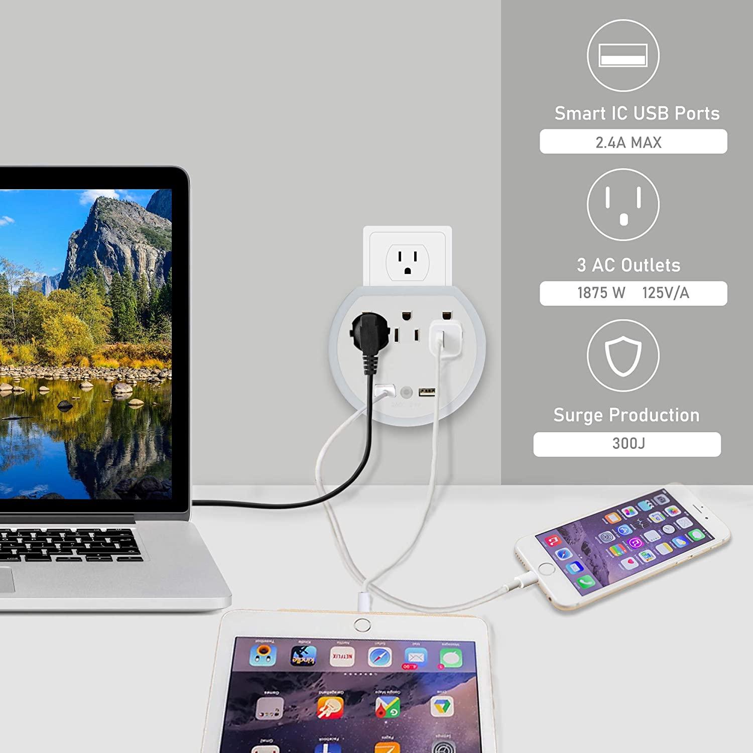 Wall Outlet Extender, Surge Protector Multi Plug Wall Charger with 3 Outlets and 2 USB Ports(5V/2.4A), Night Light Multiple Power Outlet for Cruise Ship Travel Office Home, White(2-Pack) - Luckyermore