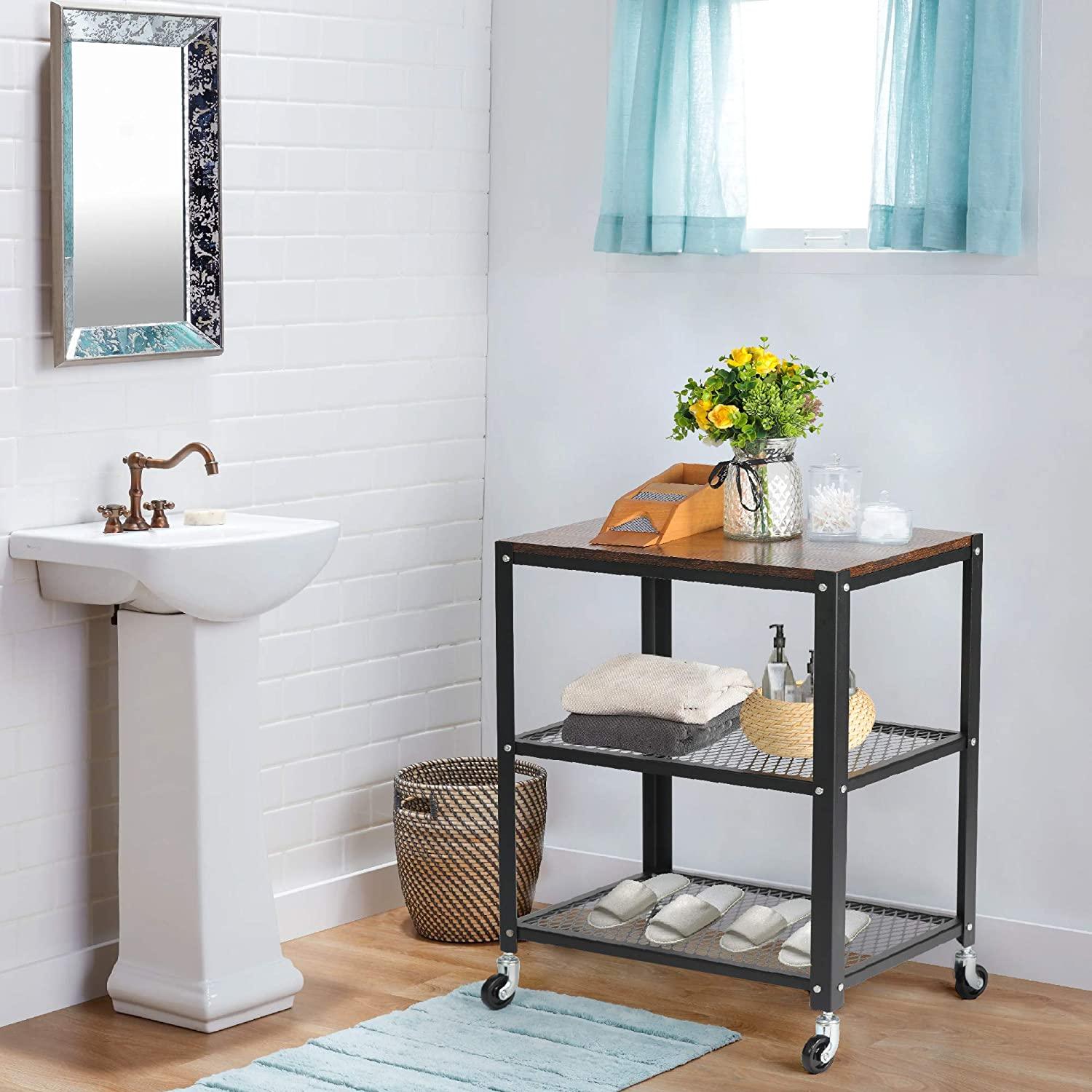 Modern Style Storage Rack with Wheels 3 Tiers Storage Shelf ,30” x 20.5” x 5.5”,Black/Brown
