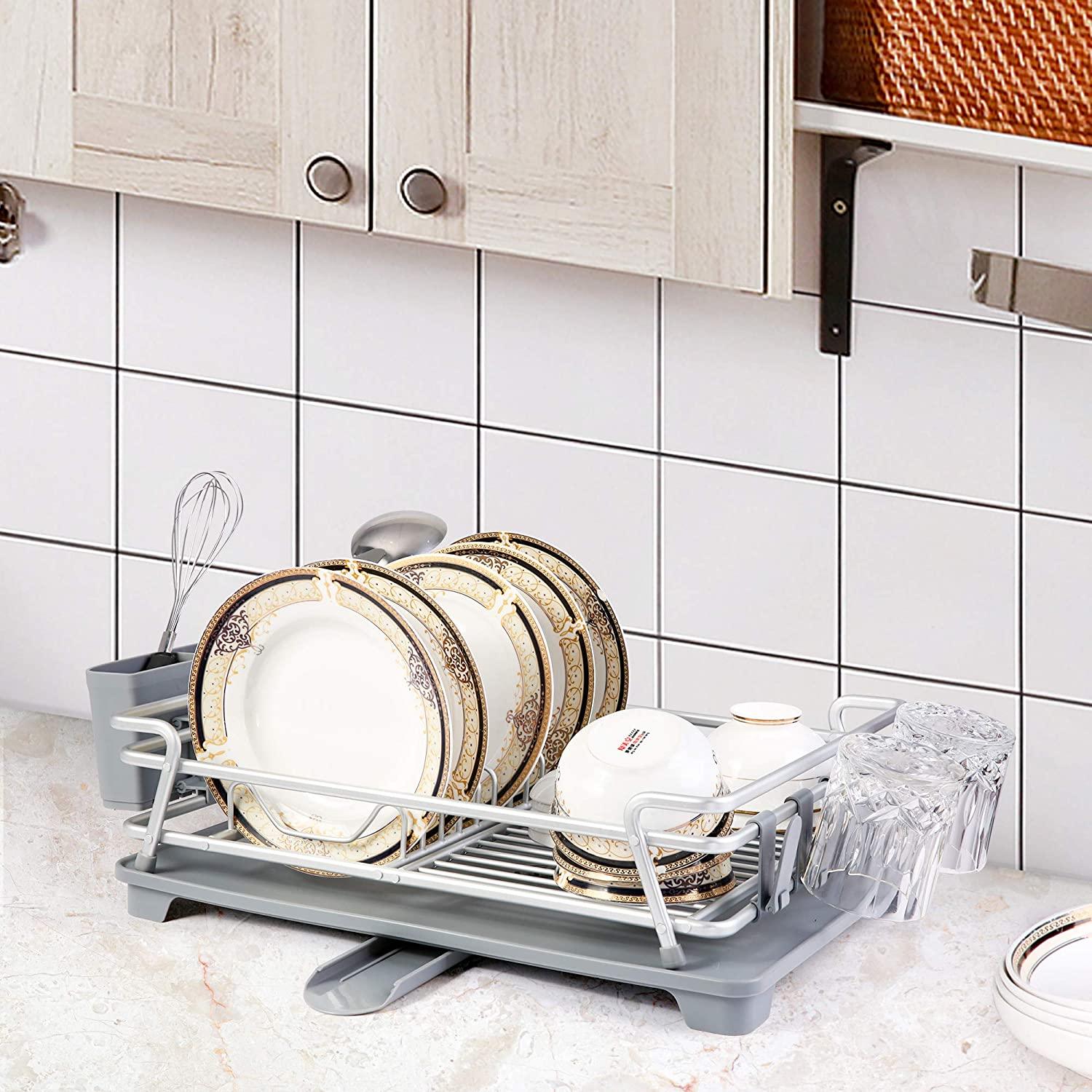 Dish Drying Rack with 360° Swivel Drain Board and Drain Spout,2 Tier Stainless Aluminum Dish Rack for Kitchen Countertop,Cutlery Holder with Removable Plastic Tray,Grey (21.5” x 15” x 6”) - Luckyermore