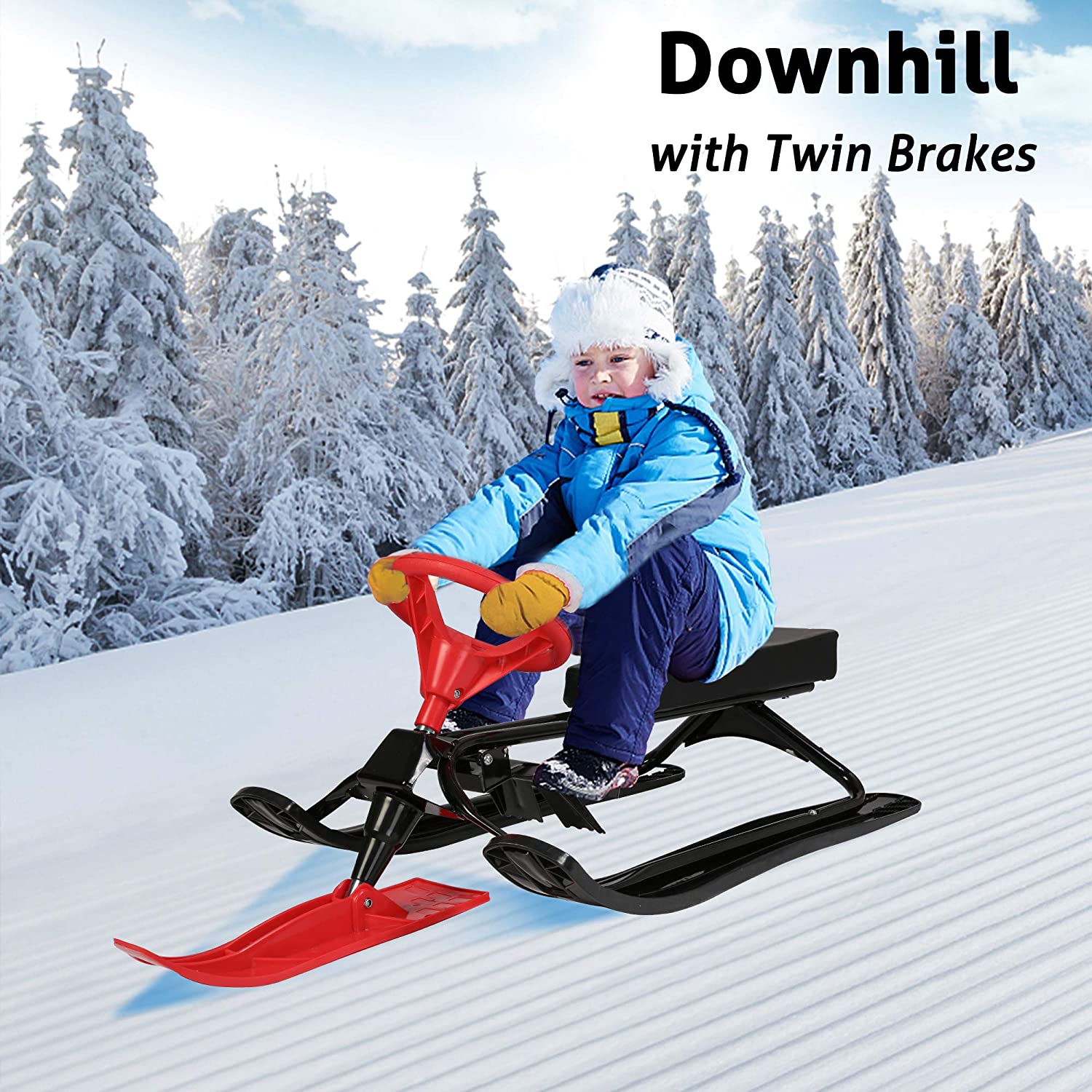 Snow Racer Sled with Steering Wheel and Brakes Kids Teens Ski Sled Slider Board, Red