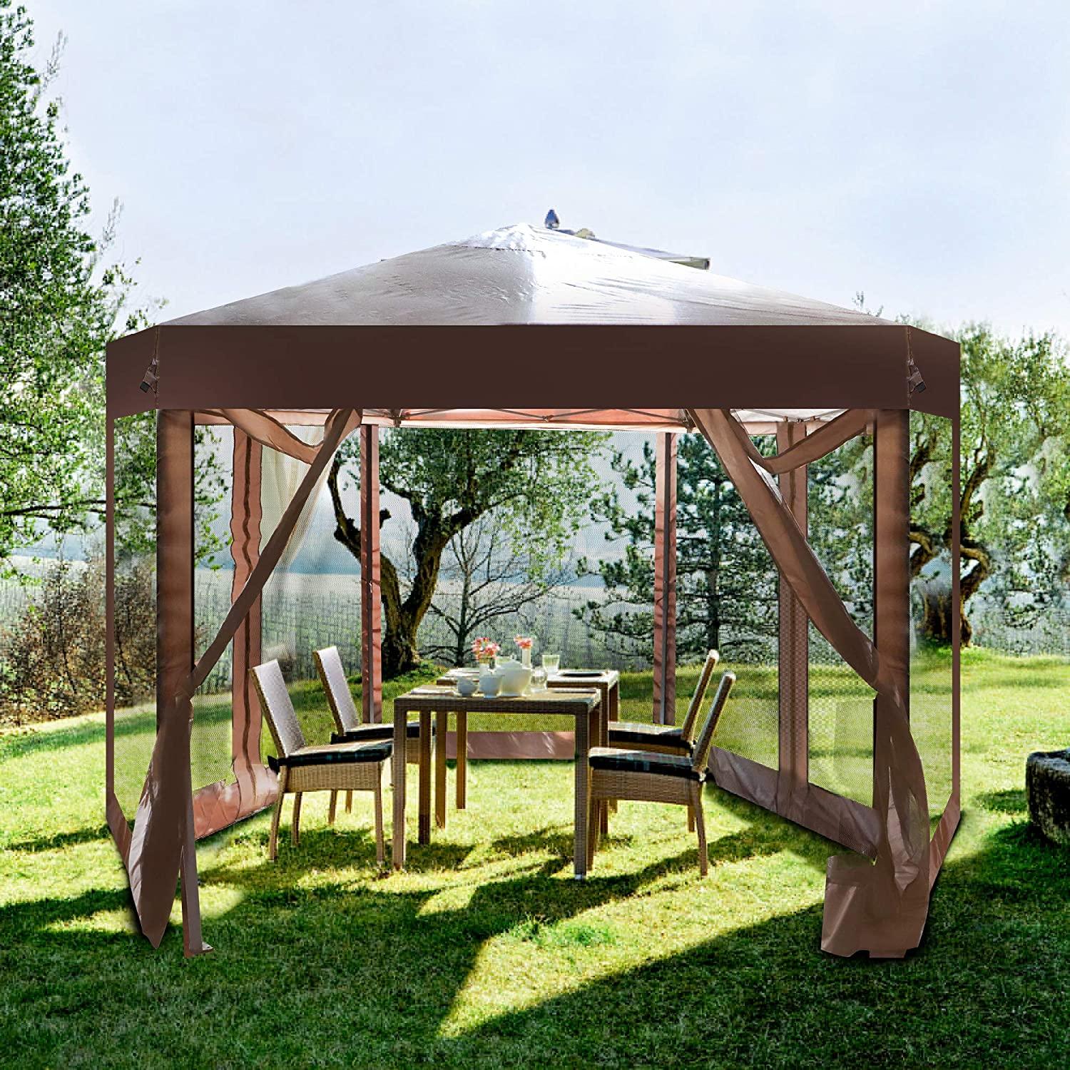 Outdoor Gazebo Patio Hexagonal Canopy Tent Sun Shade with Mosquito Netting and Carry Bag for Backyard Party (Brown) - Luckyermore