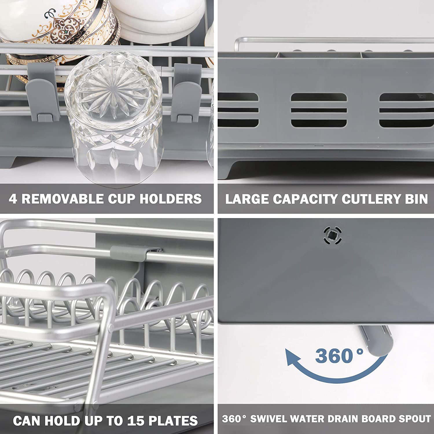 Dish Drying Rack with 360° Swivel Drain Board and Drain Spout,2 Tier Stainless Aluminum Dish Rack for Kitchen Countertop,Cutlery Holder with Removable Plastic Tray,Grey (21.5” x 15” x 6”) - Luckyermore
