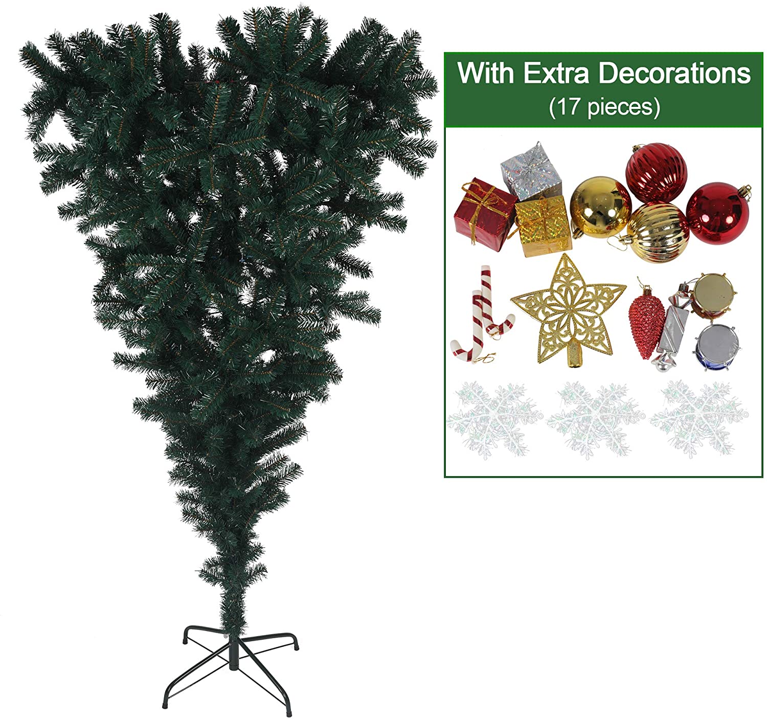 5.5ft Upsidedown Christmas Tree Artificial Xmas Tree with 578 Branch Tips and Decoration, Green