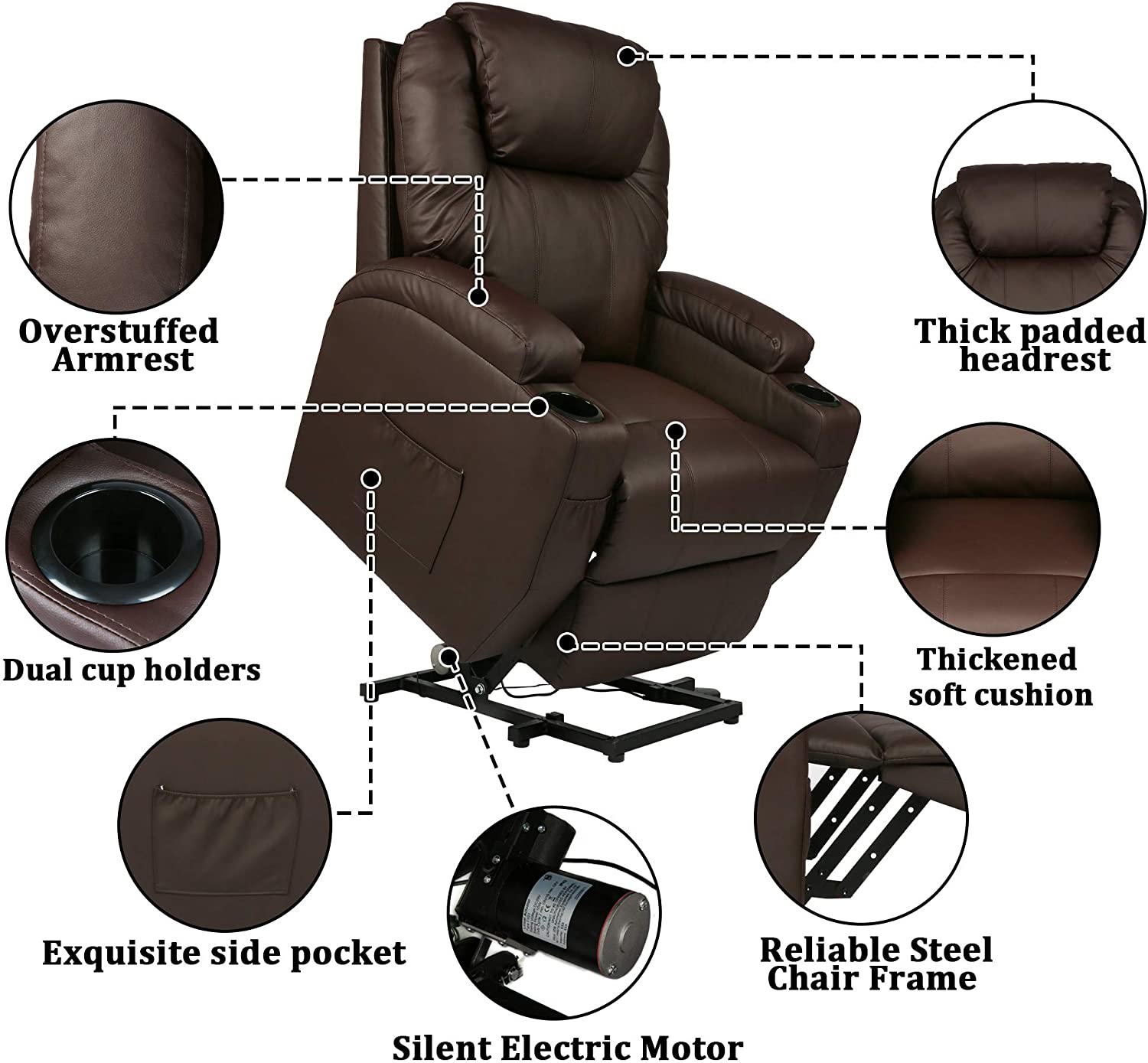Power Lift Electric Recliner Chair with Heated Vibration Massage for Elderly People Adjustable Theater Recliner Sofa Furniture with Massage Remote Control for Living Room Bedroom,Brown