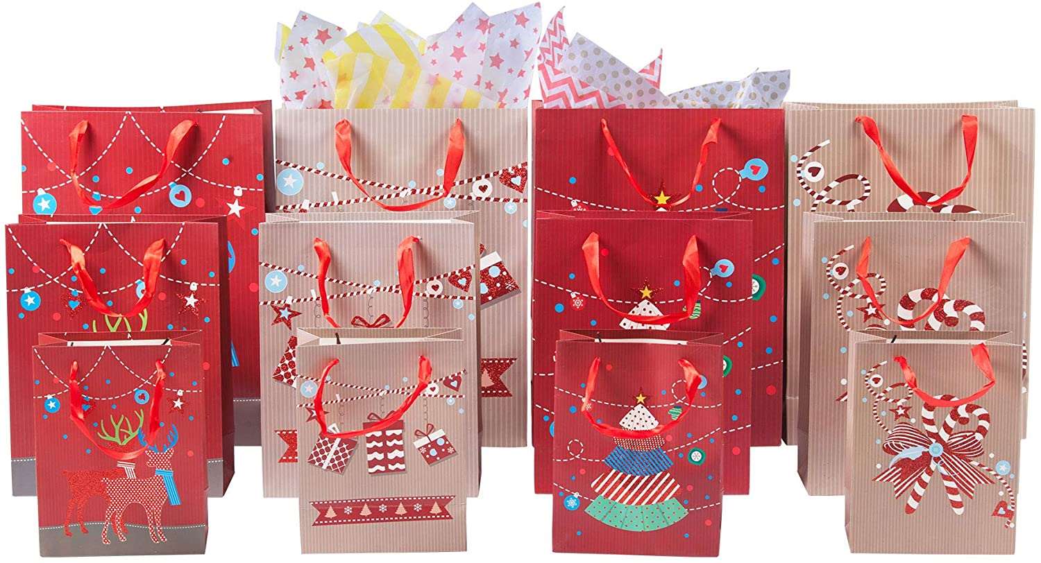 12 Pack Assorted Christmas Gift Bags with Small Medium Large Size, 4 Xmas Pattern Holiday Gift Bags with Tissue Paper, Bright