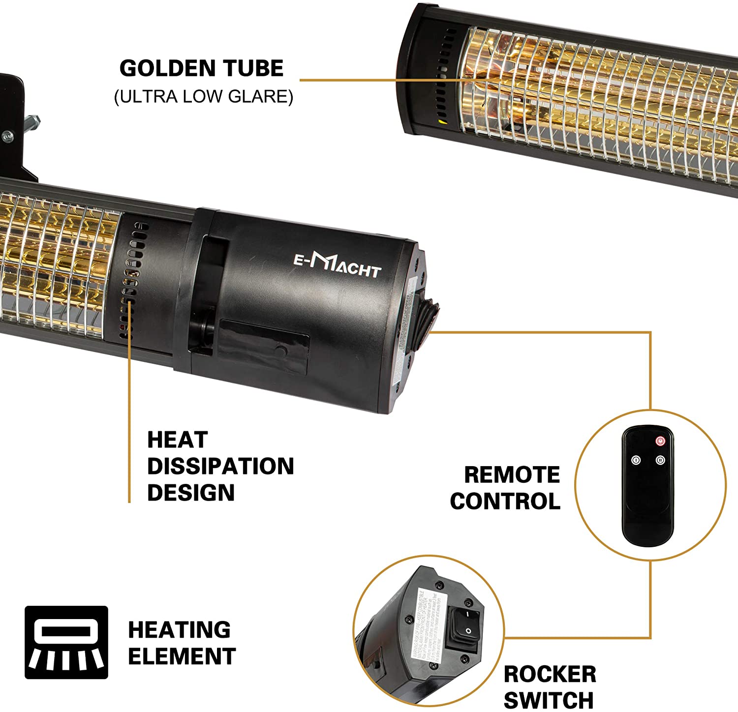1500W Outdoor Patio Infrared Heater Electric Wall-Mounted with 2 Power Settings Remote Control Overheat Protection
