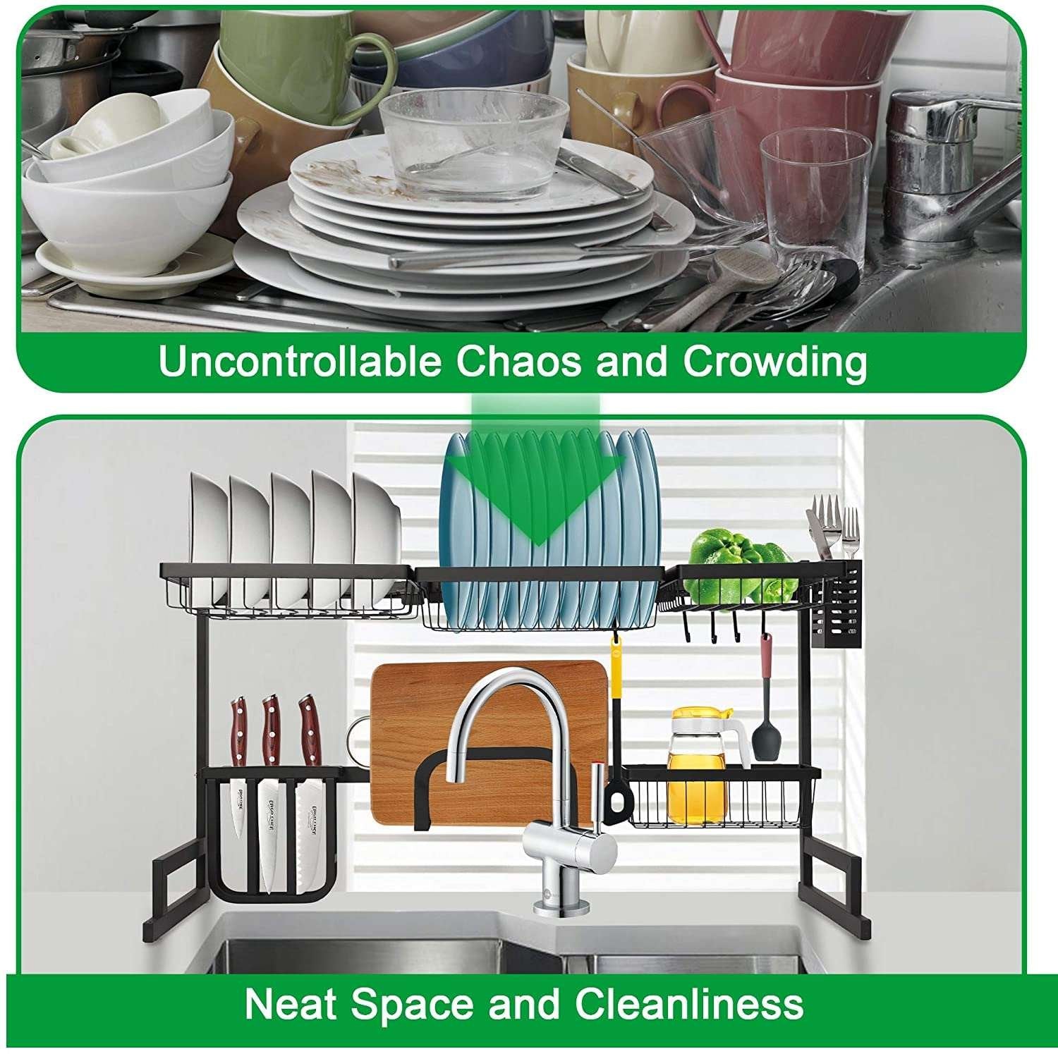 2 Tier Dish Rack, Above Sink Shelf, Weight Up to 88 pounds, W/Utensils Holder, Premium Stainless Steel, (Sink size<33.6in) Space Saver, for Bow, knife, Chopsticks, Space Organizer, Black