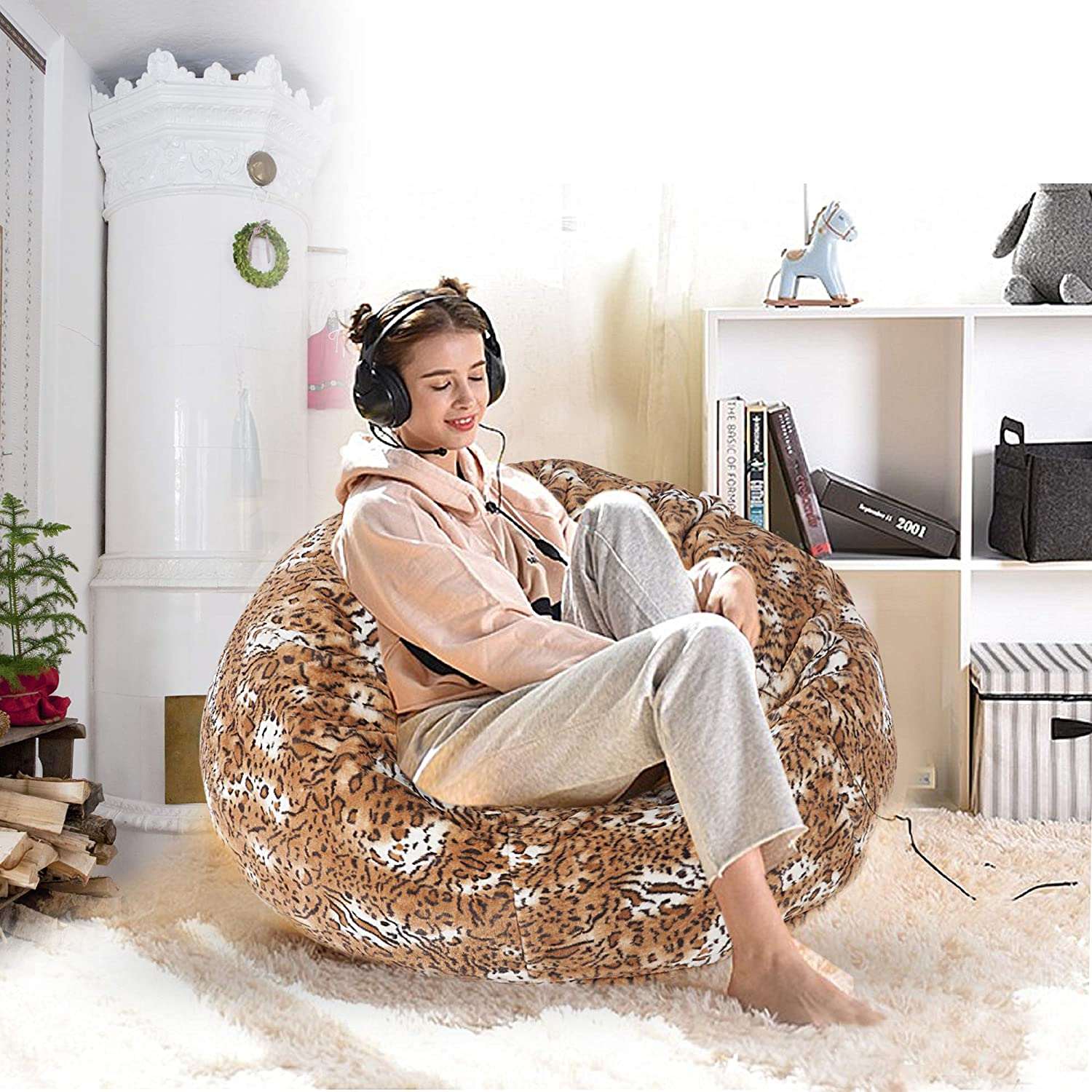 Big Plush Bean Bag Chair,Comfy Furry Lounger Sofa Seat with Detachable Covers,Luxury Memory Sponge Filled Furniture Leopard Print