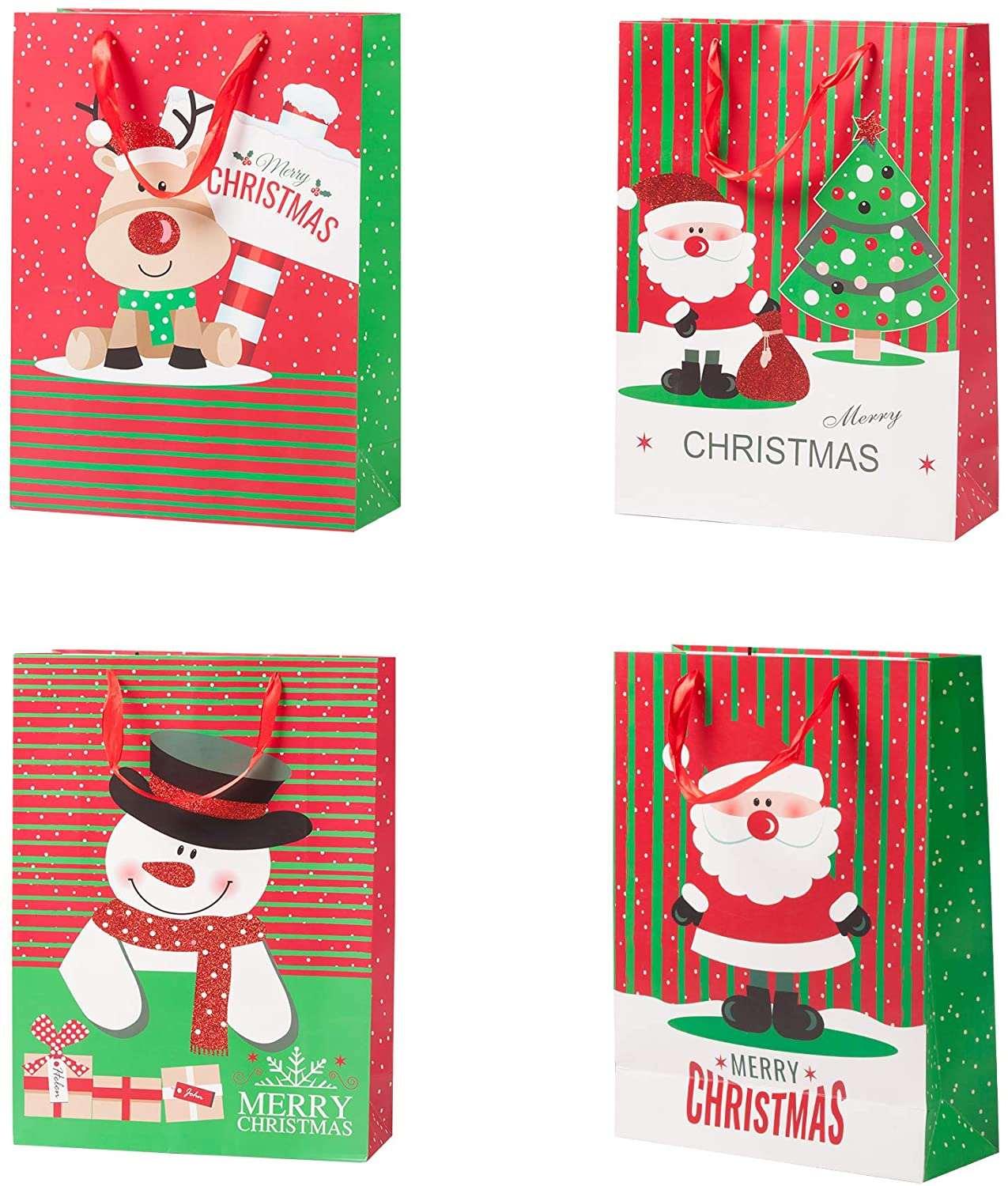 12 Pack Assorted Christmas Gift Bags with Small Medium Large Size, 4 Xmas Pattern Holiday Gift Bags with Tissue Paper, Bright