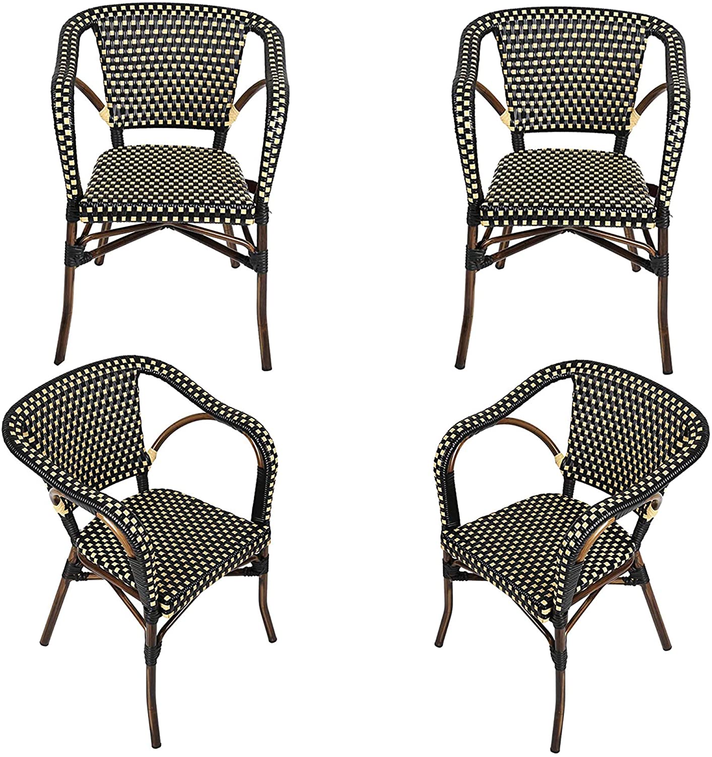 Outdoor Rattan Wicker Chair Set of 4 Stackable Arm Chairs with Aluminum Frame Patio Dining Chair for Backyard Porch Garden, Black/Cream