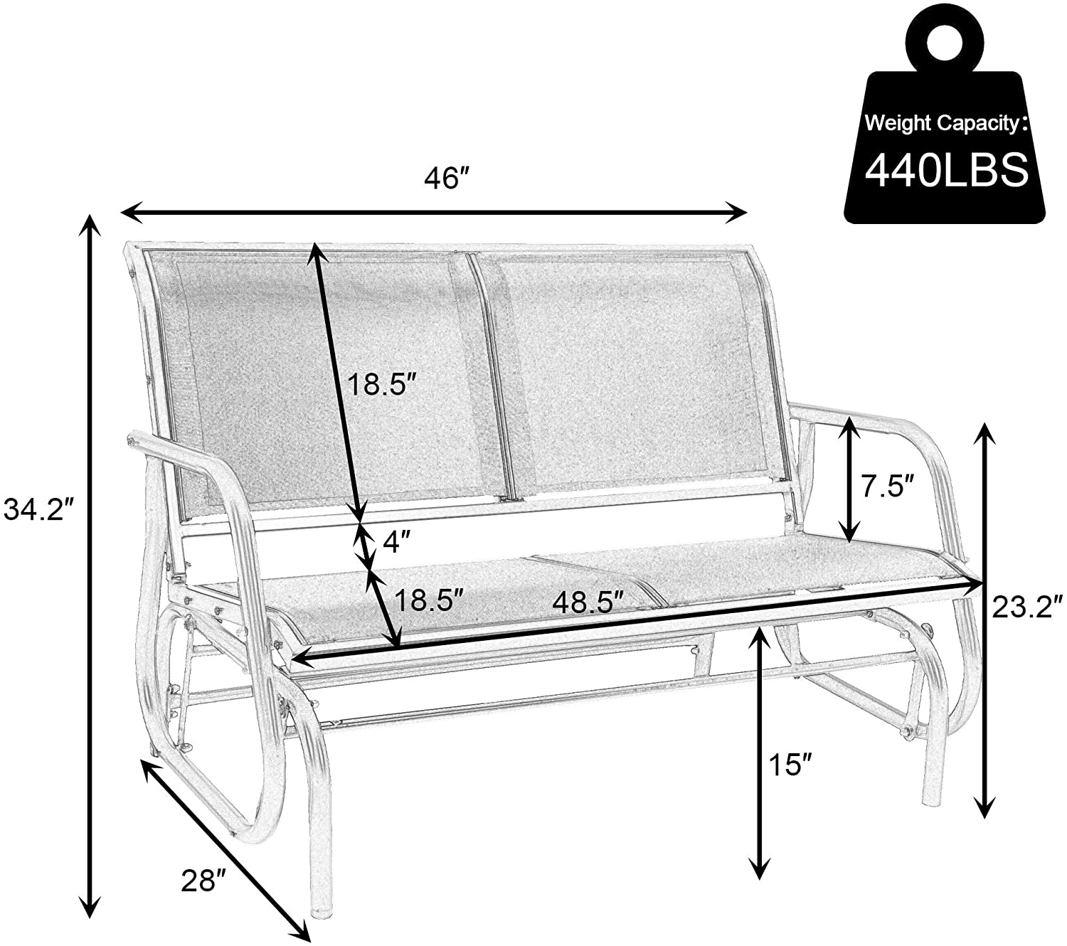 Outdoor Patio Swing Glider Bench-Loveseat Mesh Seating and Smooth Glide Rocker 2 Person Chair with Weather Resistant Steel Frame for Porch Garden Outside, Gray