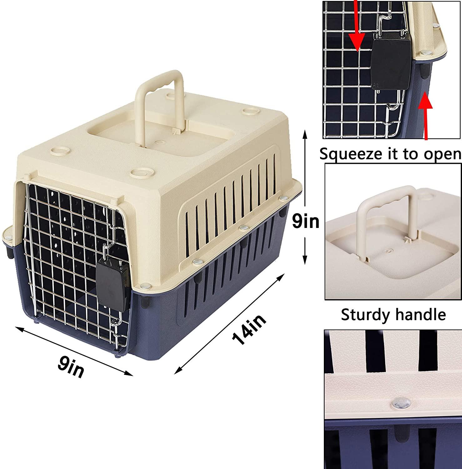 Small Plastic Cat & Dog Carrier Cage Portable Pet Box Airline Approved Pet Kennel, Blue - Luckyermore