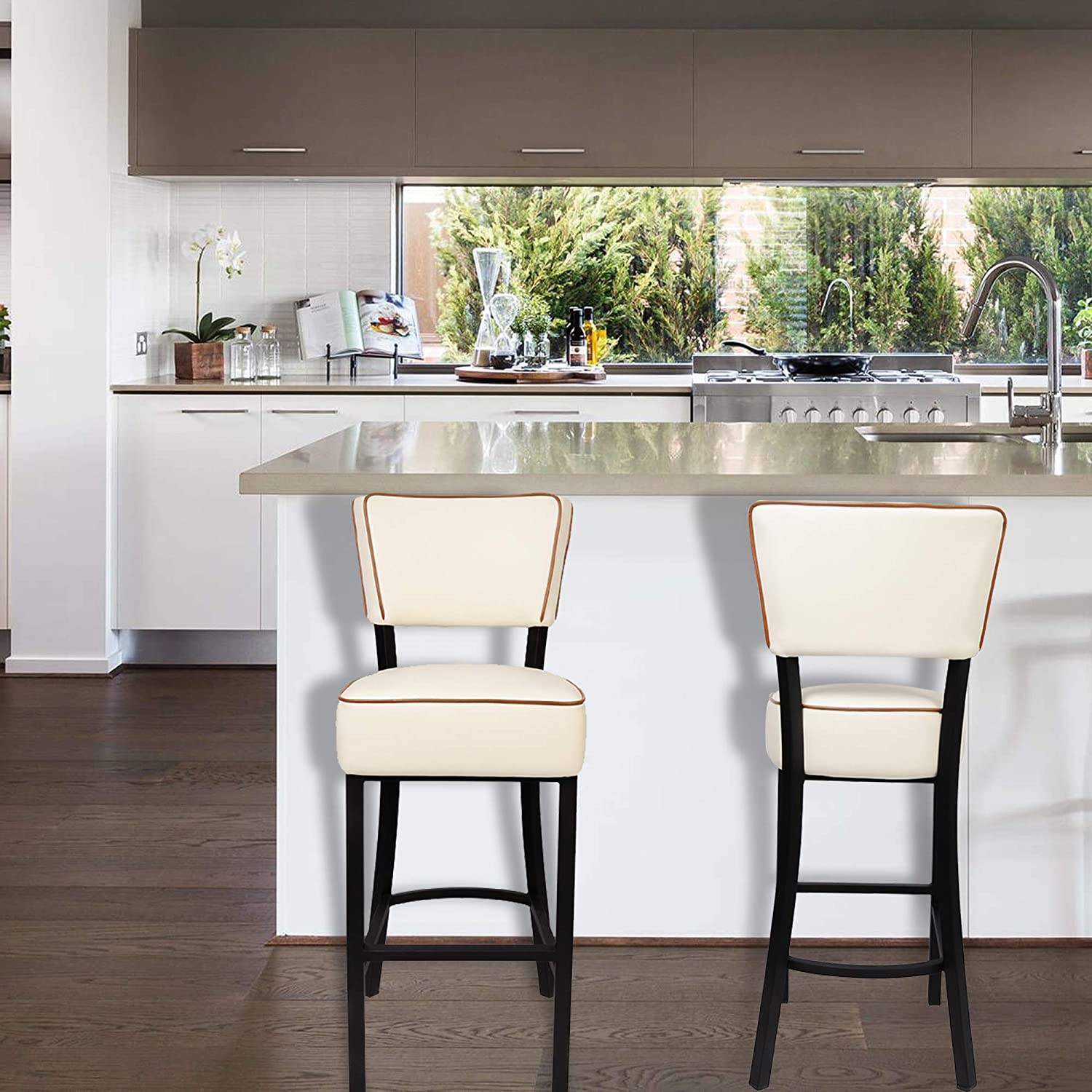 30” Bar Stools Set of 2 Kitchen Chairs Counter Pub Height Leather Modern Breakfast Dining Chairs Home Furniture, Beige