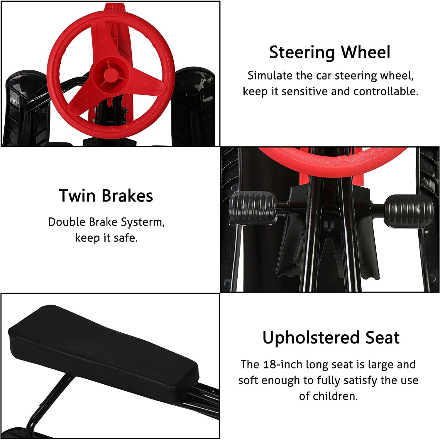 Snow Racer Sled with Steering Wheel and Brakes Kids Teens Ski Sled Slider Board, Red - Luckyermore