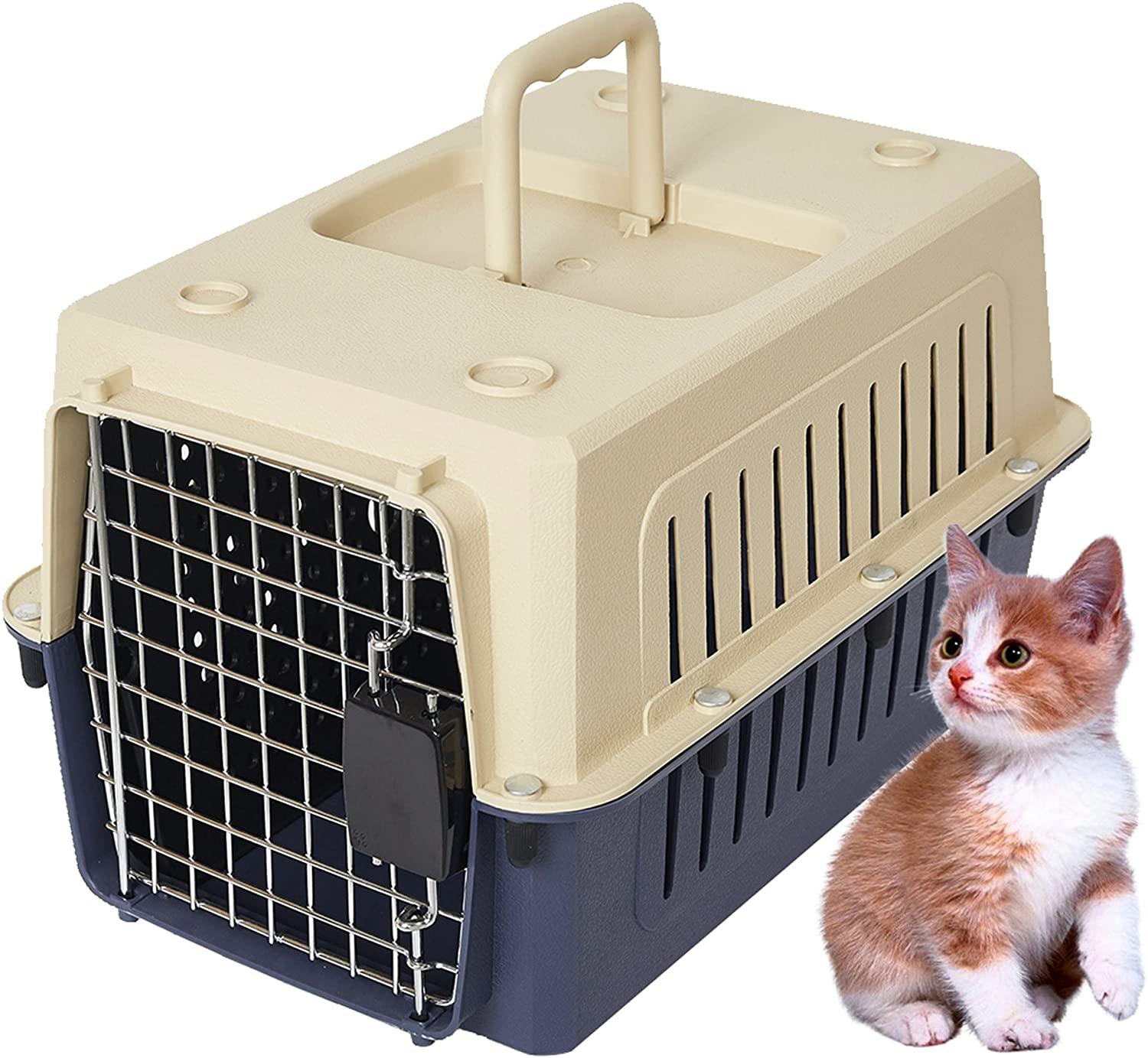 Small Plastic Cat & Dog Carrier Cage Portable Pet Box Airline Approved Pet Kennel, Blue - Luckyermore