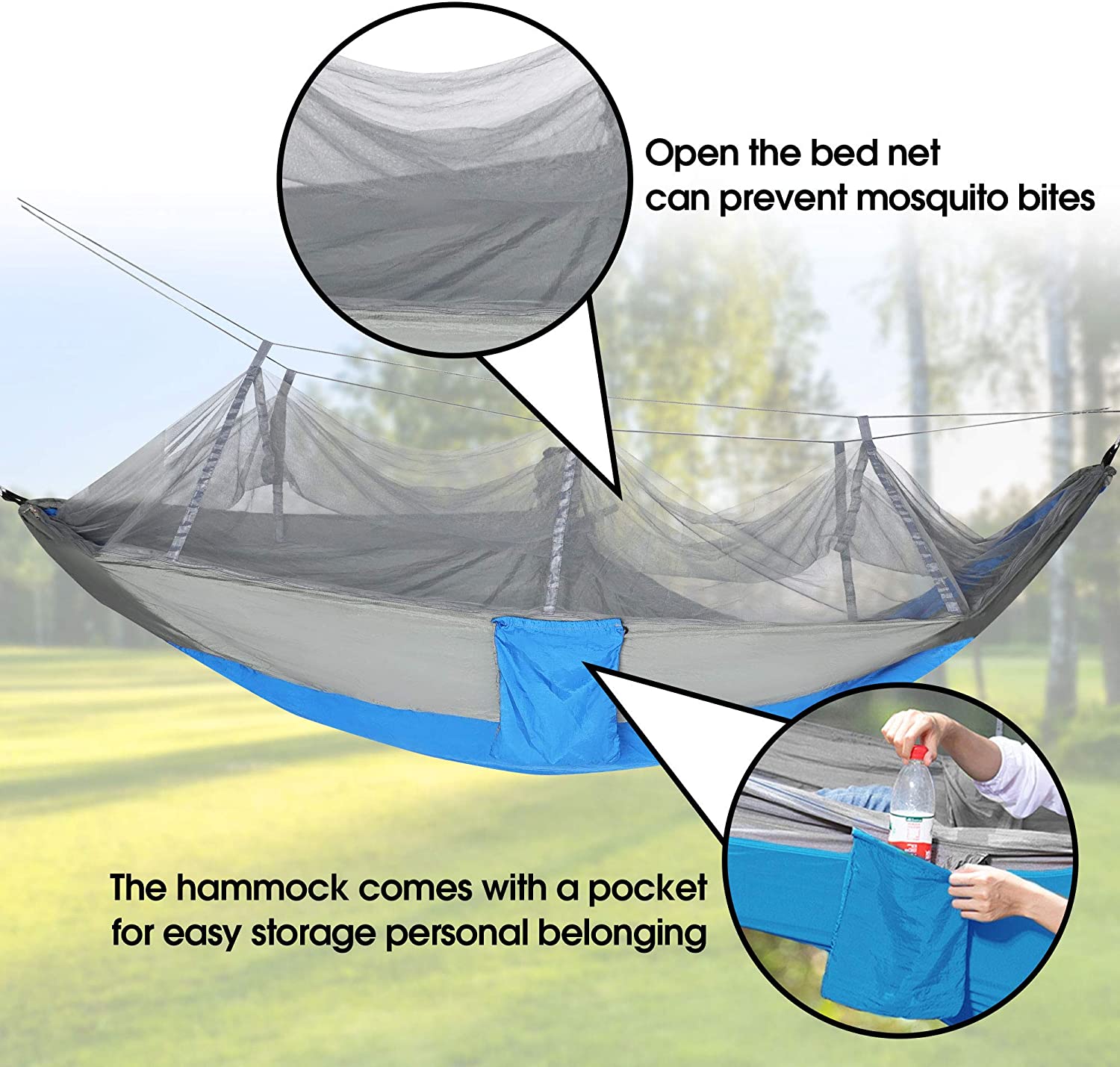 Camping Hammock with Net Mosquito Lightweight Nylon Fabric Travel Hammock，for Men Women Kids