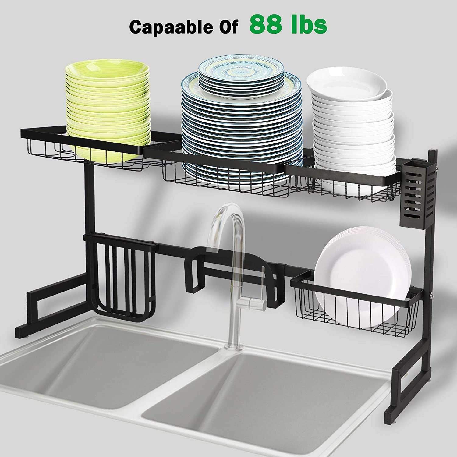2 Tier Dish Rack, Above Sink Shelf, Weight Up to 88 pounds, W/Utensils Holder, Premium Stainless Steel, (Sink size<33.6in) Space Saver, for Bow, knife, Chopsticks, Space Organizer, Black