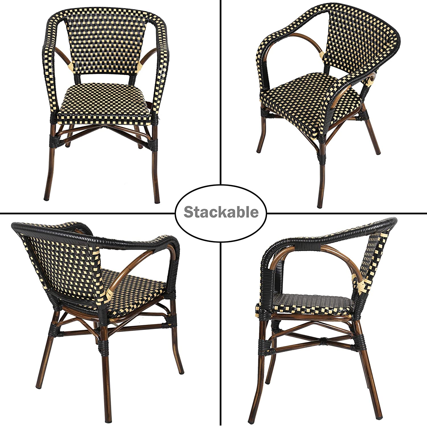 Outdoor Rattan Wicker Chair Set of 4 Stackable Arm Chairs with Aluminum Frame Patio Dining Chair for Backyard Porch Garden, Black/Cream