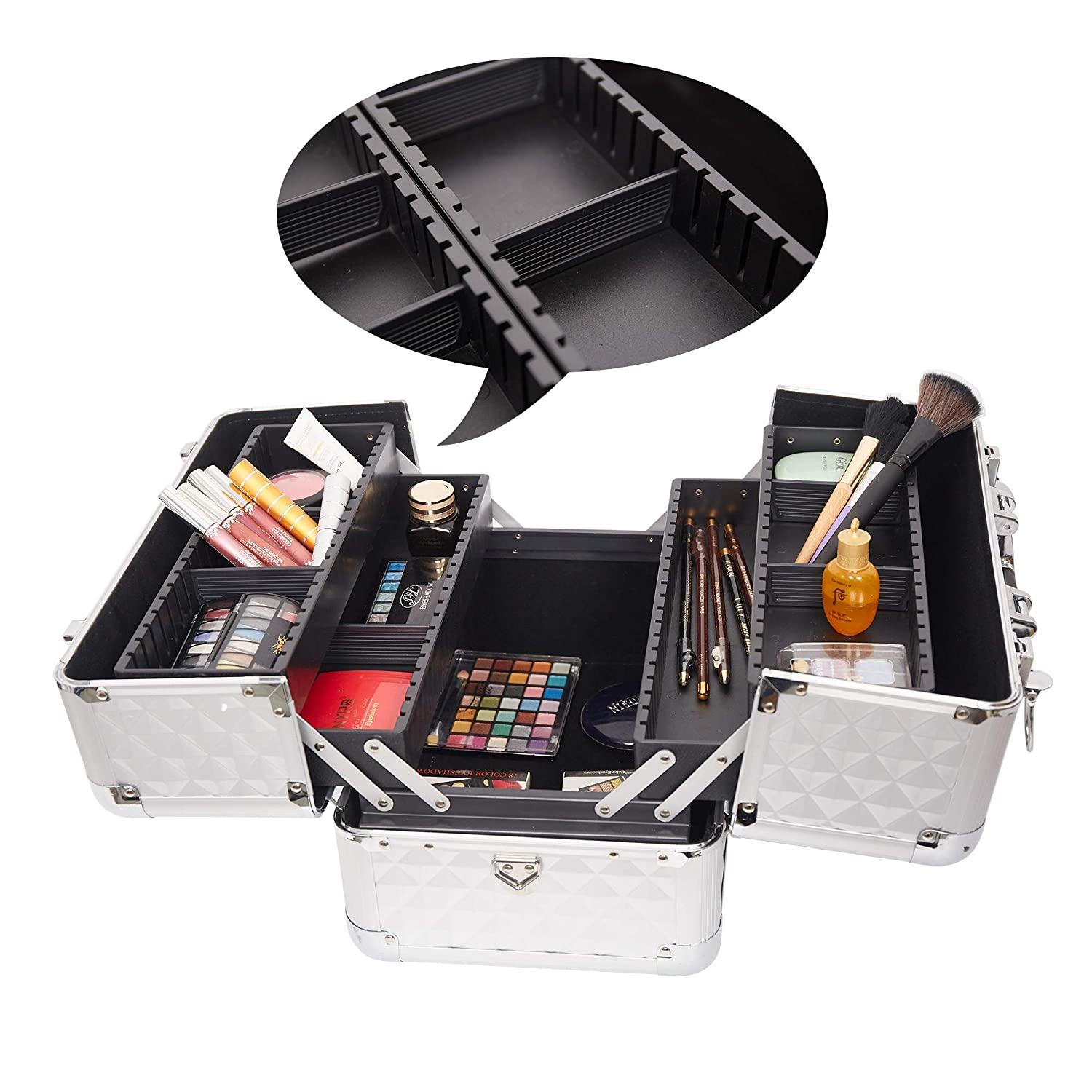 Makeup Train Case Professional Cosmetic Box with Adjustable Dividers 4 Trays and 2 Locks Glossy Aluminum Design - Luckyermore