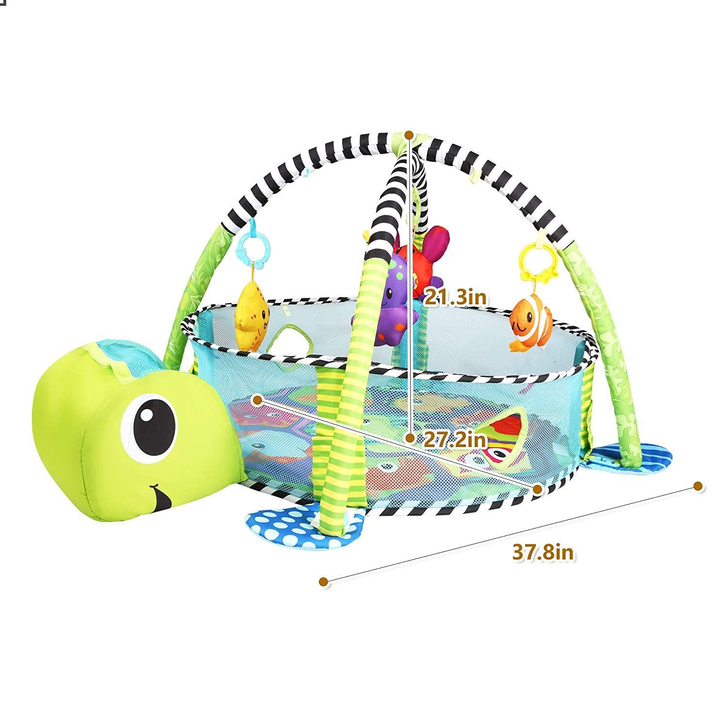3-in-1 Cartoon Baby Infant Activity Gym Turtle Play mat & Ball Pit with 30 Balls & 4 Linkable Toys - Luckyermore