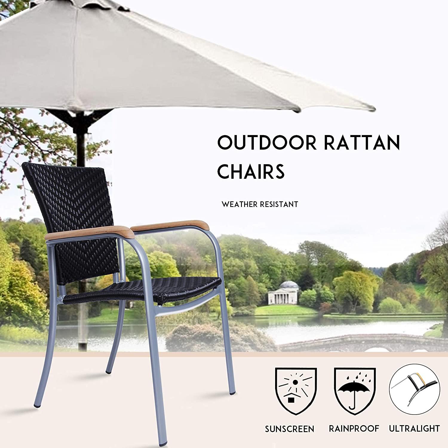 Lawn Dining Chair Set of 4 PE Wicker Patio Chairs Outdoor Furniture Lightweight Sturdy Stackable Chair with Aluminum Frame - Luckyermore