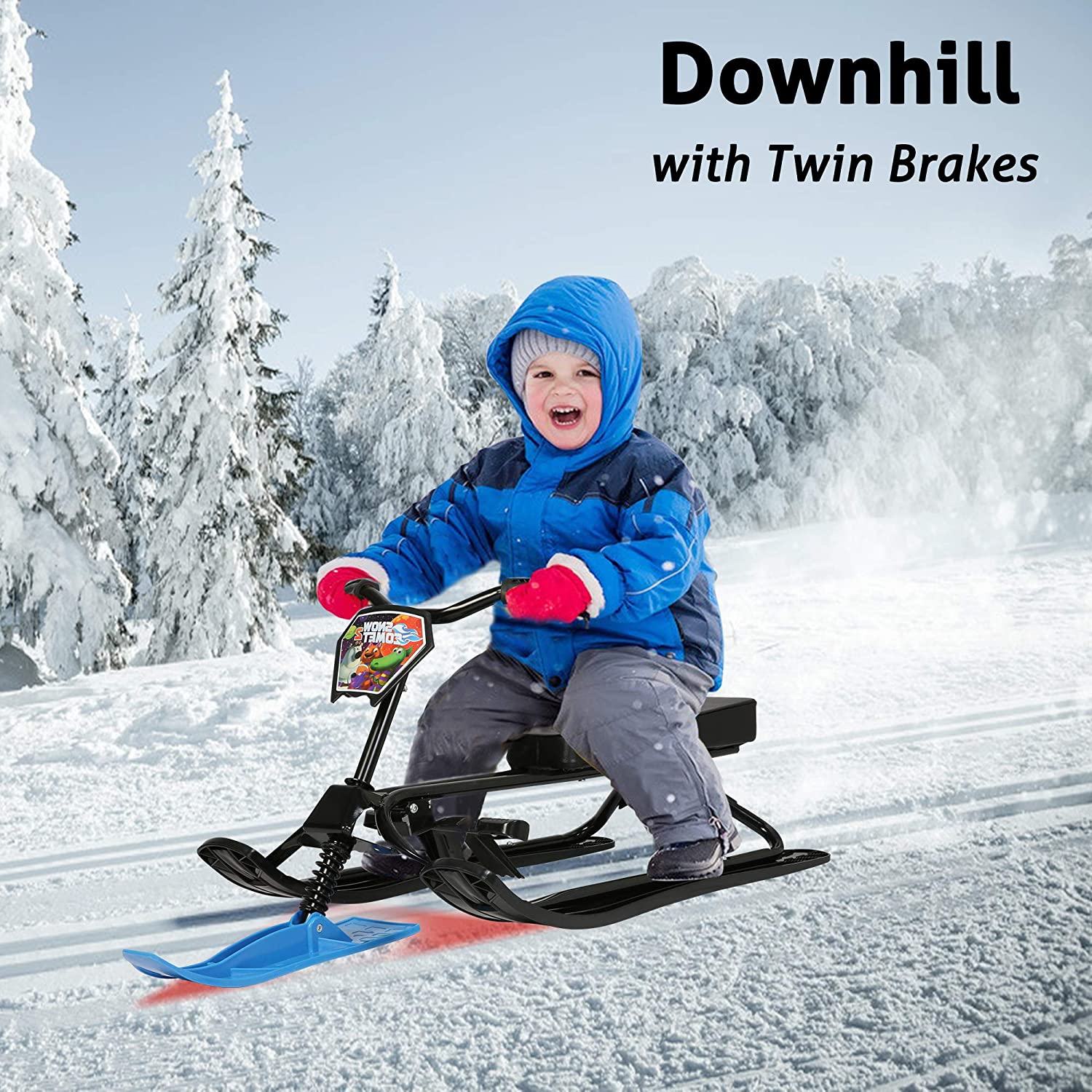 Snow Racer Sled with Steering Wheel and Brakes Kids Teens Ski Sled Slider Board, Blue