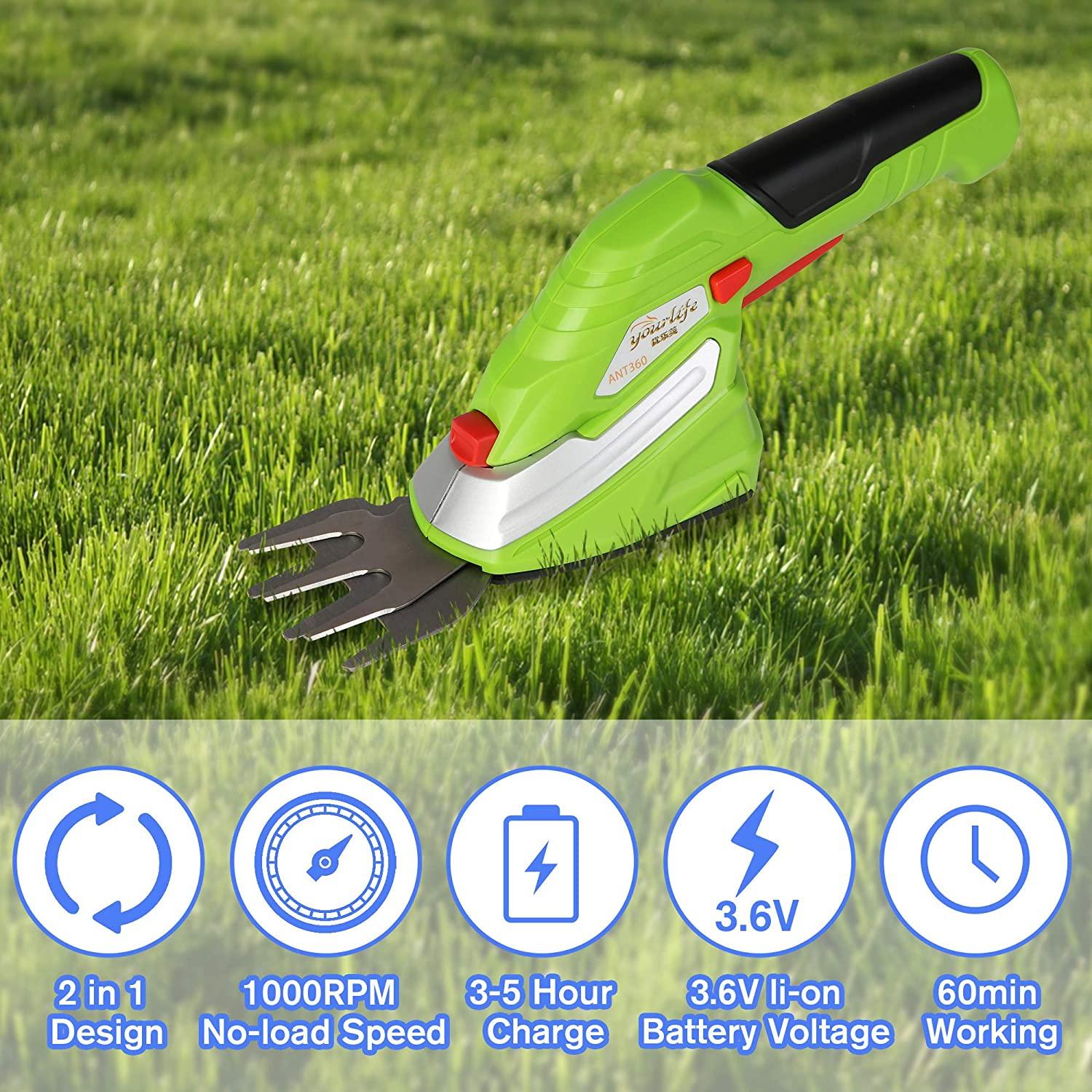 2-in-1 Cordless Hedge Trimmer 60min Shrubber w/Protective Shells Grass Shear Combo Rechargeable 3.6V Li-Ion Battery 2.45 lbs for Easy-Carry - Luckyermore