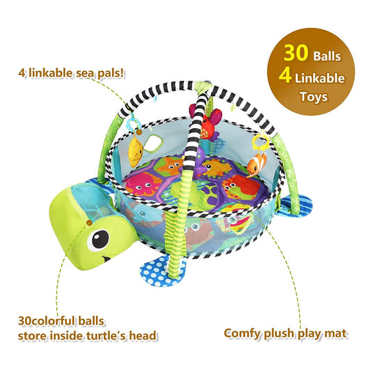 3-in-1 Cartoon Baby Infant Activity Gym Turtle Play mat & Ball Pit with 30 Balls & 4 Linkable Toys
