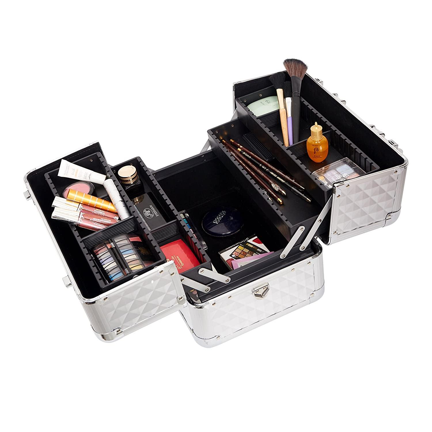 Makeup Train Case Professional Cosmetic Box with Adjustable Dividers 4 Trays and 2 Locks Glossy Aluminum Design - Luckyermore