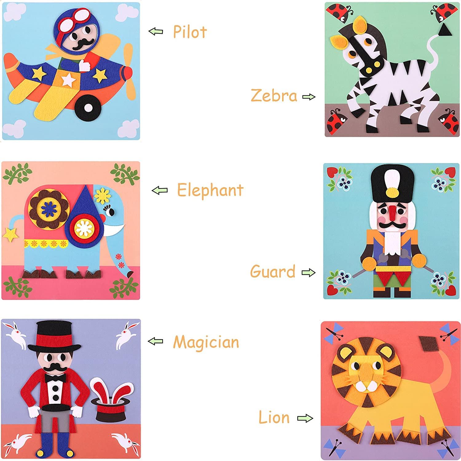 Mobee Fuzzy Felt Picture Sticky Mosaics 6 Templates DIY Craft Kits Art Training Sticker for Kids - Luckyermore