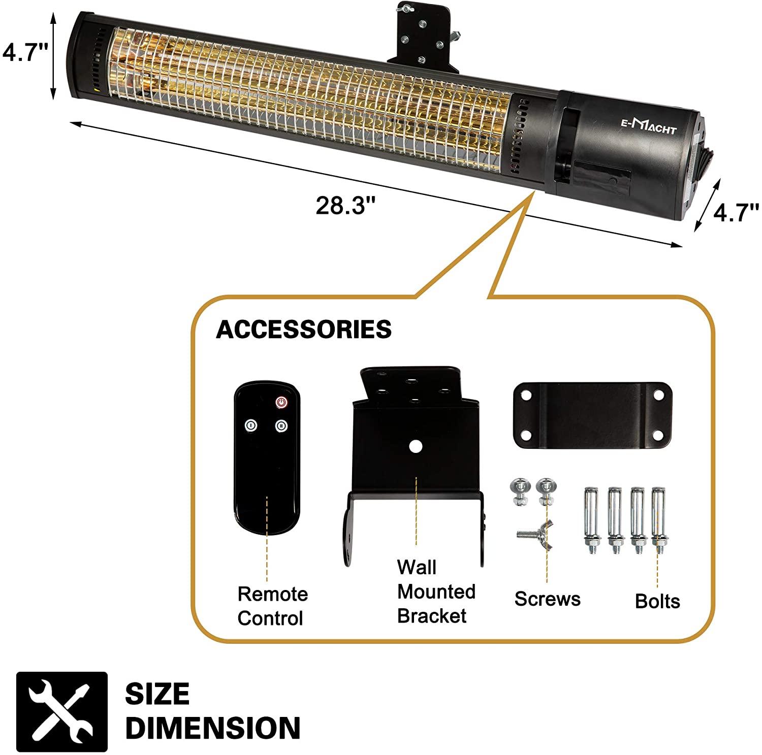 1500W Outdoor Patio Infrared Heater Electric Wall-Mounted with 2 Power Settings Remote Control Overheat Protection