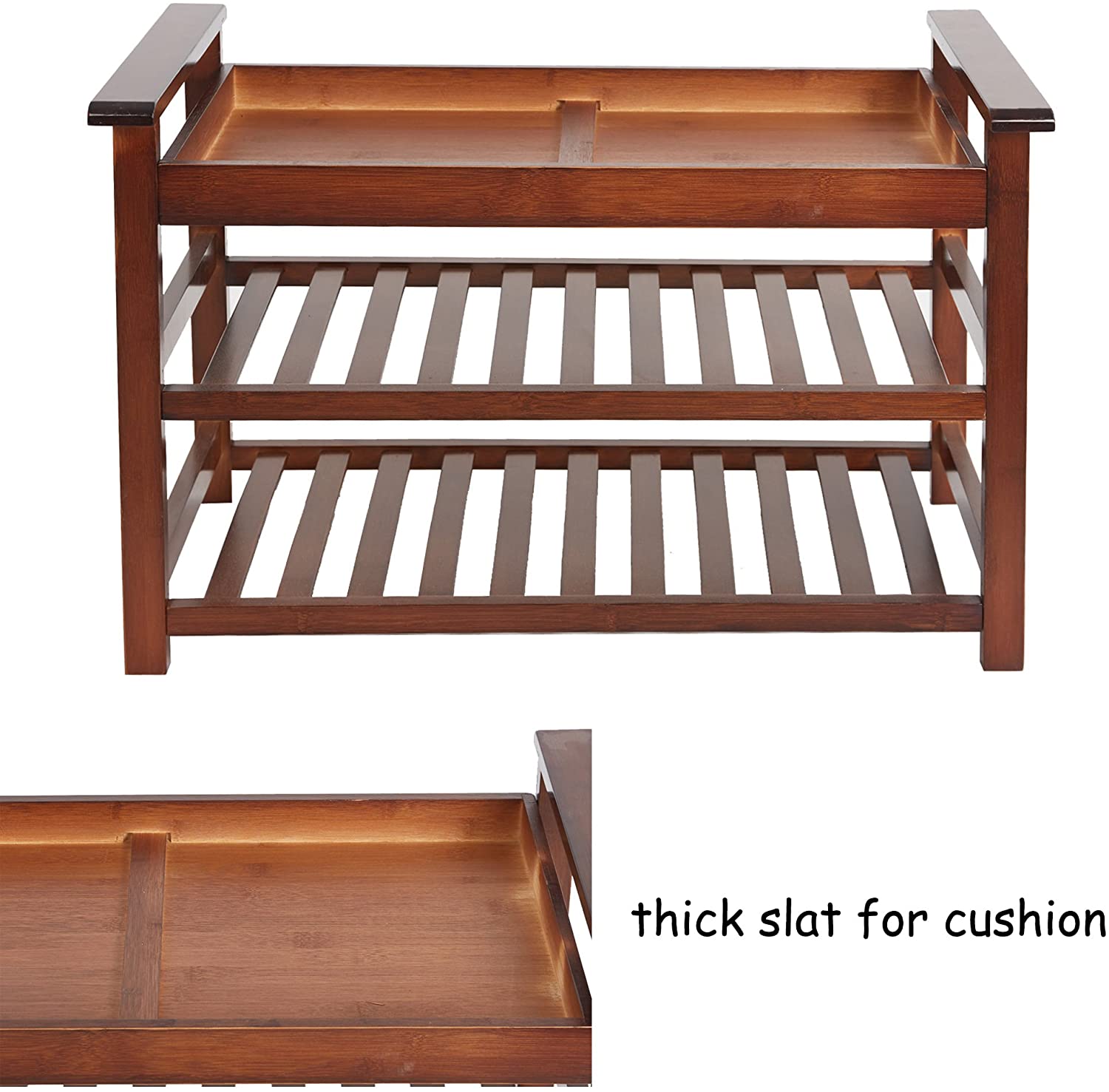 2-Tier Upholstered Bamboo Shoe Rack Bench 30" Entryway Shelf Organizer Storage Bench, Brown