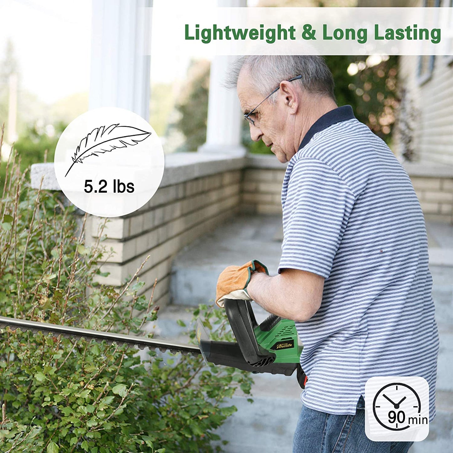 23-inch 20V Electric Hedge Trimmer Cordless, Light Weight & 90min Long-Lasting, Garden Hedge Trimmer w/Dual-Action Blade, Lawn Shrub Trimmer, 2.0Ah Li-Lon Battery & Fast Charger Included