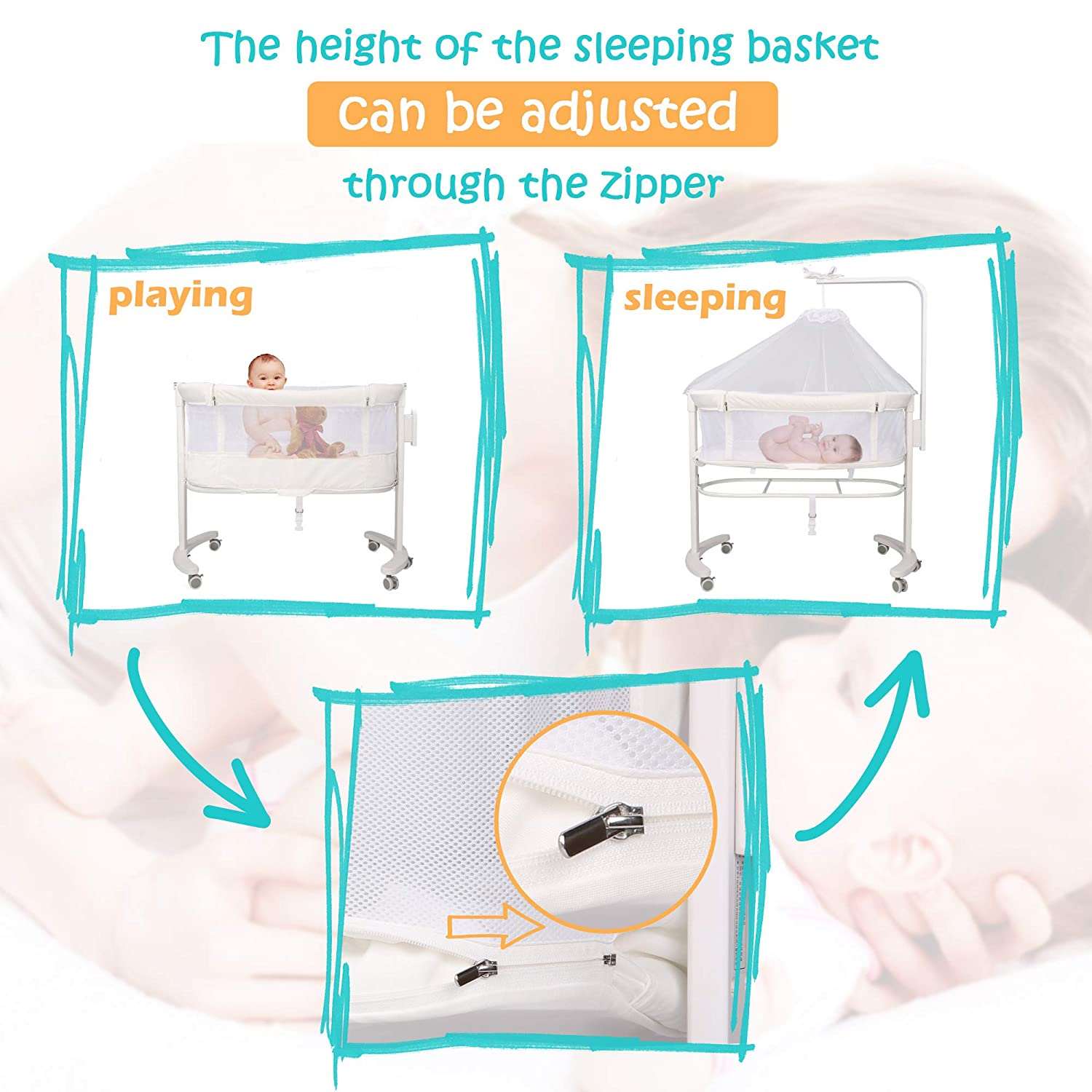 Baby Crib Bedside Sleeper Bassinet with 6 Wheels, Newborn Infant Bed with Soft Skin-Friendly Mattress and Solid Wood and Metal Frame, White