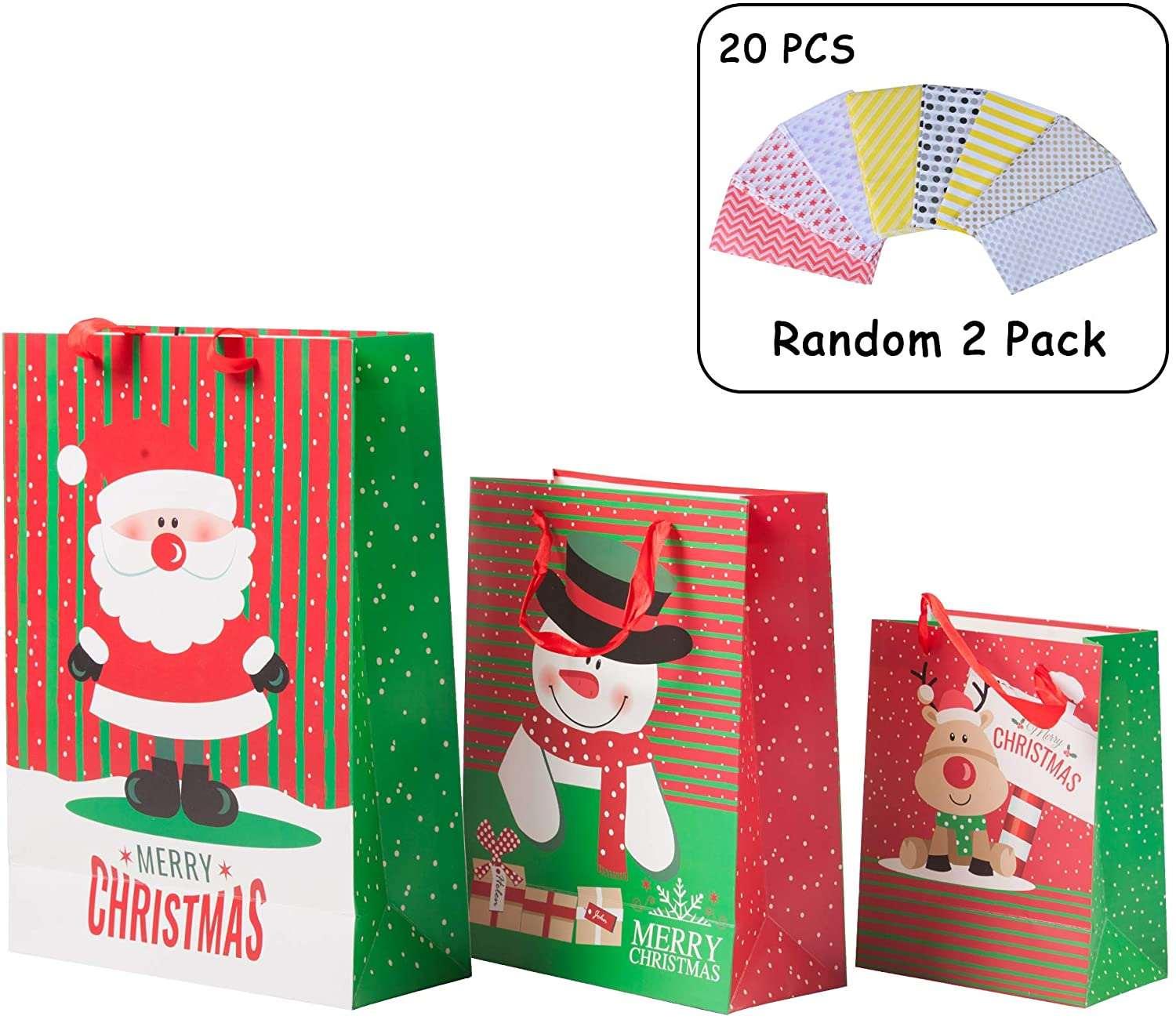 12 Pack Assorted Christmas Gift Bags with Small Medium Large Size, 4 Xmas Pattern Holiday Gift Bags with Tissue Paper, Bright
