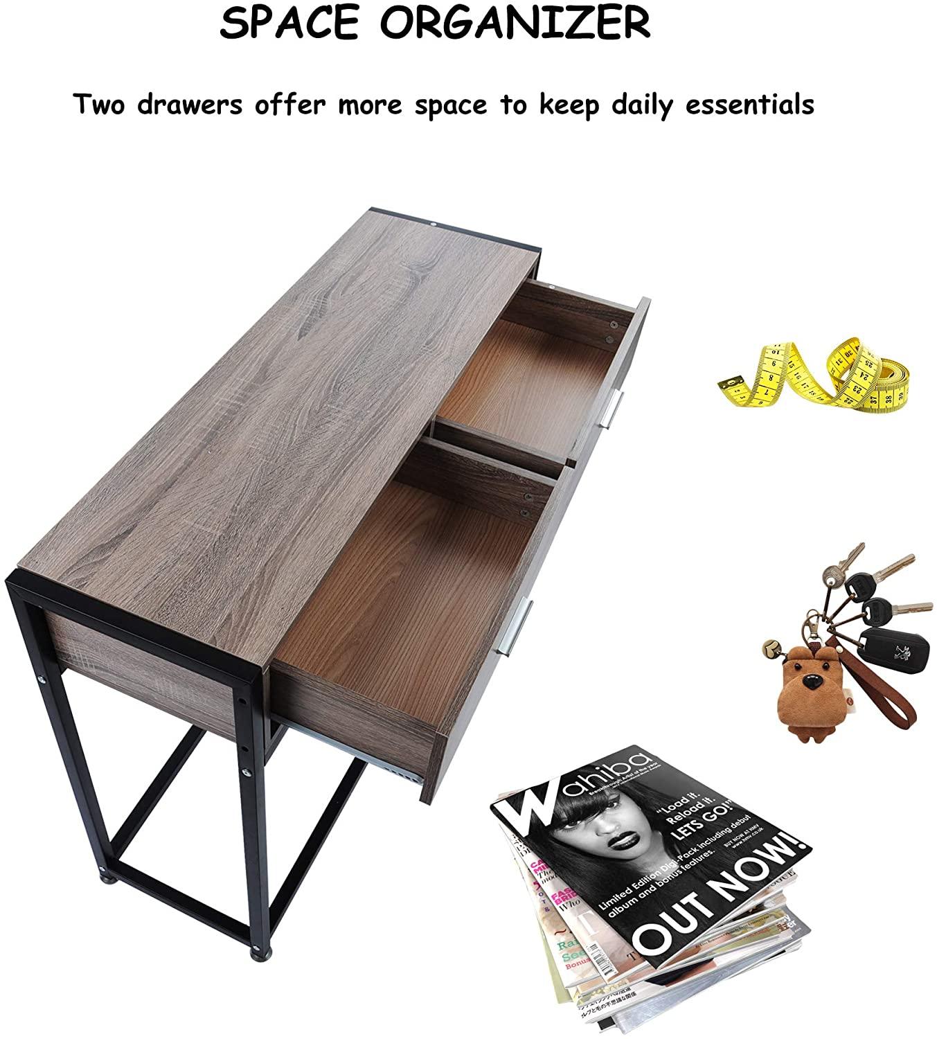 Entryway Console Table Hallway with 2 Drawers Wooden Metal Narrow Sofa Table with Two Storage Compartments Brown