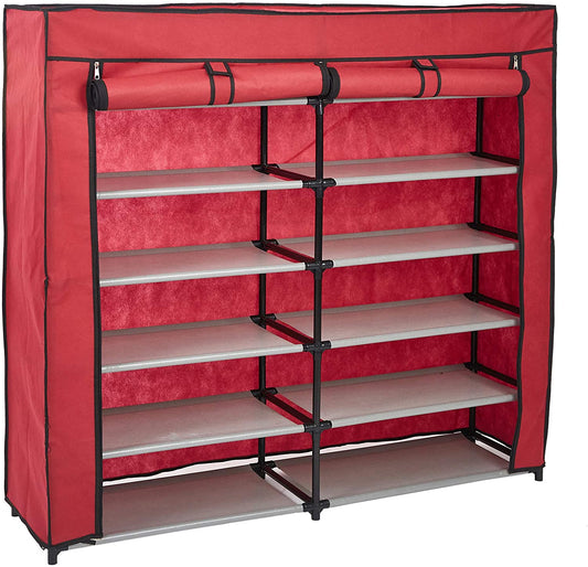 Double Row 7-Tier Shoe Rack Adjustable Closet Organizer with Non-Woven Fabric Cover Clothing Shoes Storage Shelves Cabinet, Red