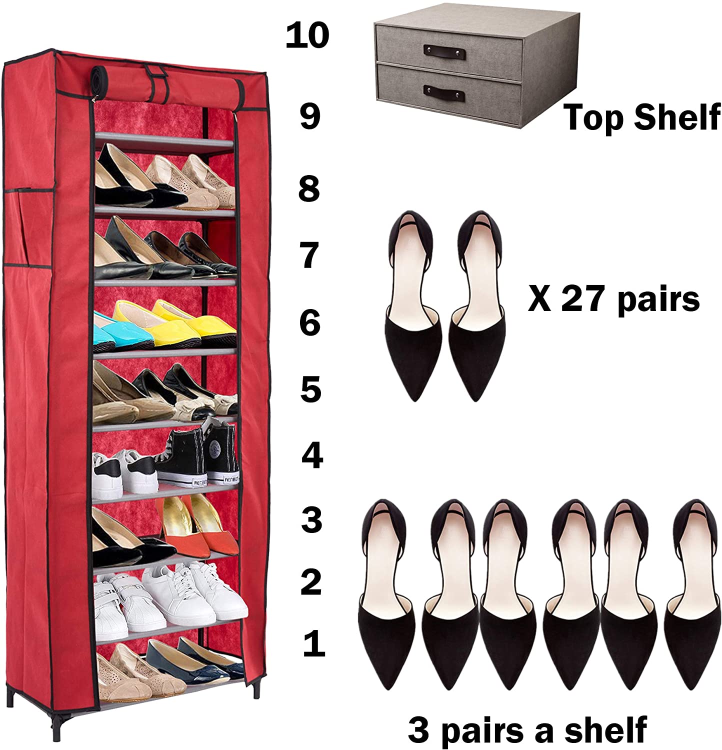 LUCKYERMORE 10 Tiers Shoe Rack with Dustproof Cover Shoes Storage Cabinet Boot Organizer, Red