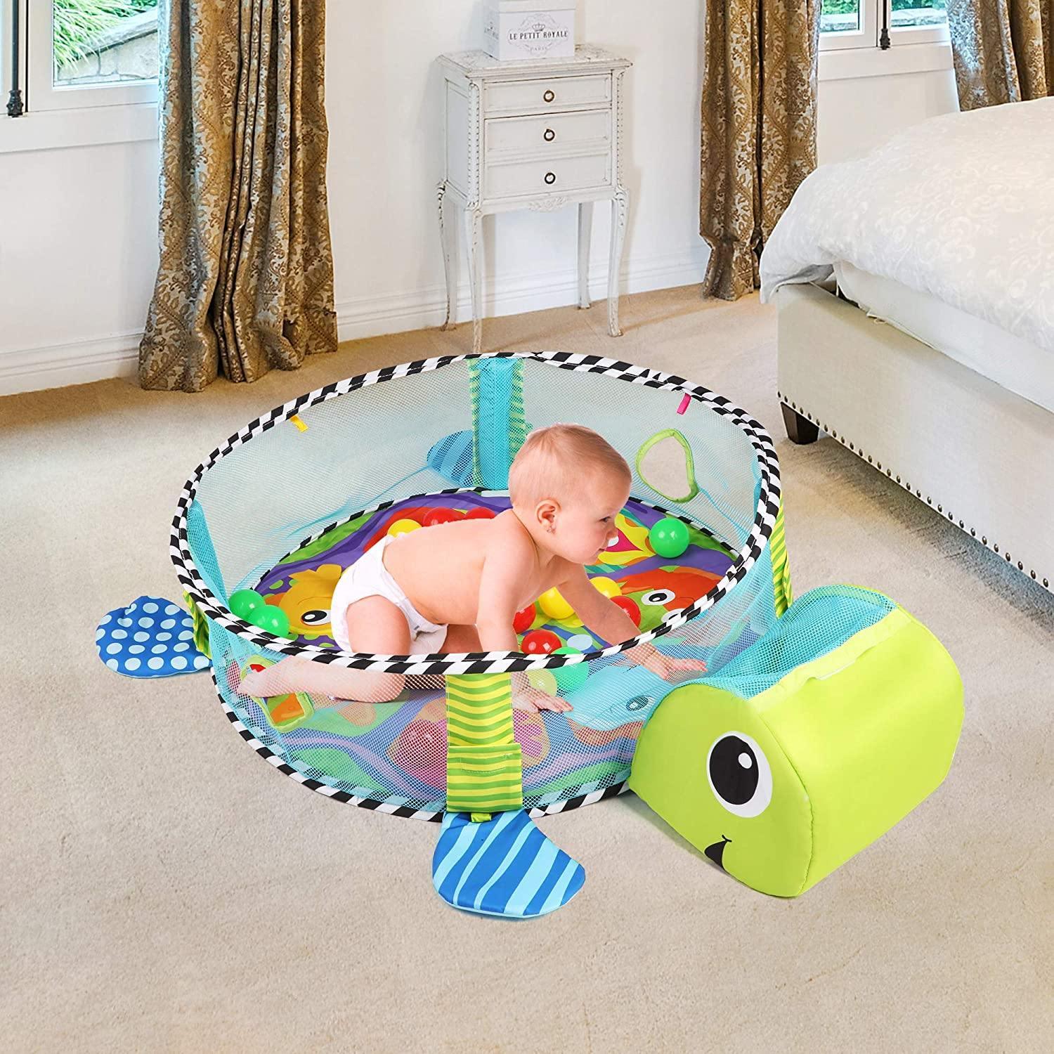 3-in-1 Cartoon Baby Infant Activity Gym Turtle Play mat & Ball Pit with 30 Balls & 4 Linkable Toys