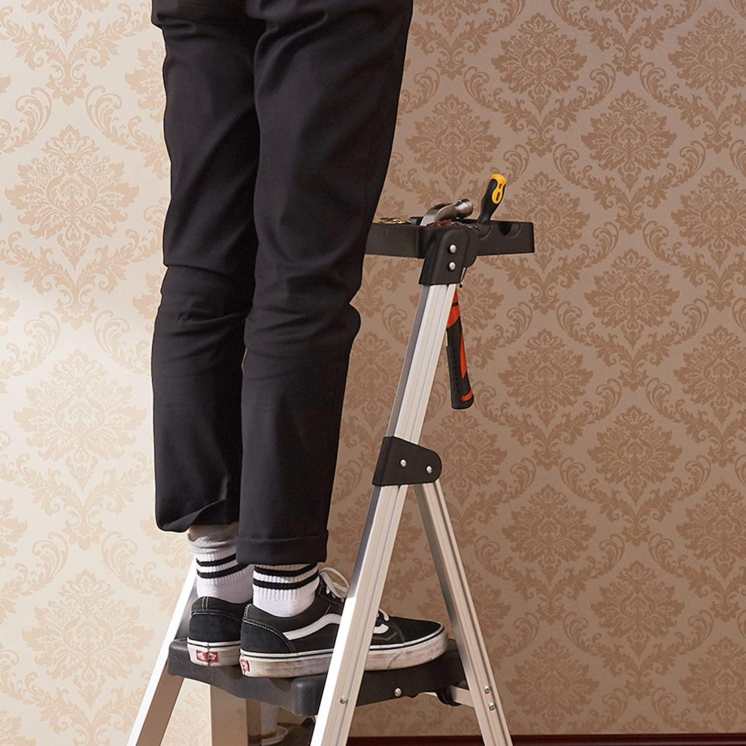 3 Step Folding Step Stool Ladder with Wide Platform Lightweight Aluminum Anti-Slip Step - Luckyermore