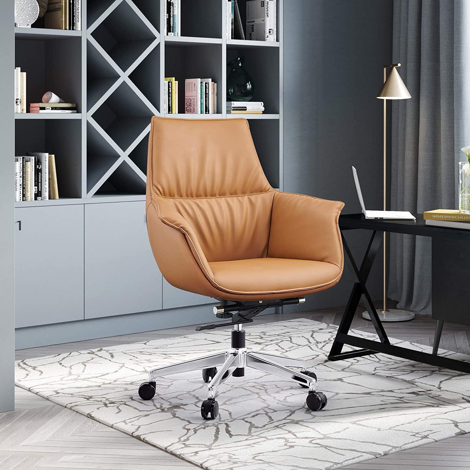 Height Adjustable Swivel PU Upholstered Modern Office Chair with Tiltable Back, Yellow - Luckyermore