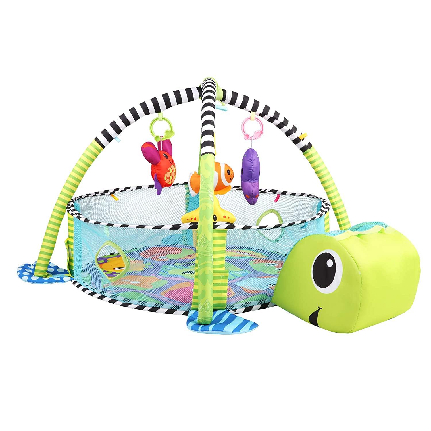 3-in-1 Cartoon Baby Infant Activity Gym Turtle Play mat & Ball Pit with 30 Balls & 4 Linkable Toys