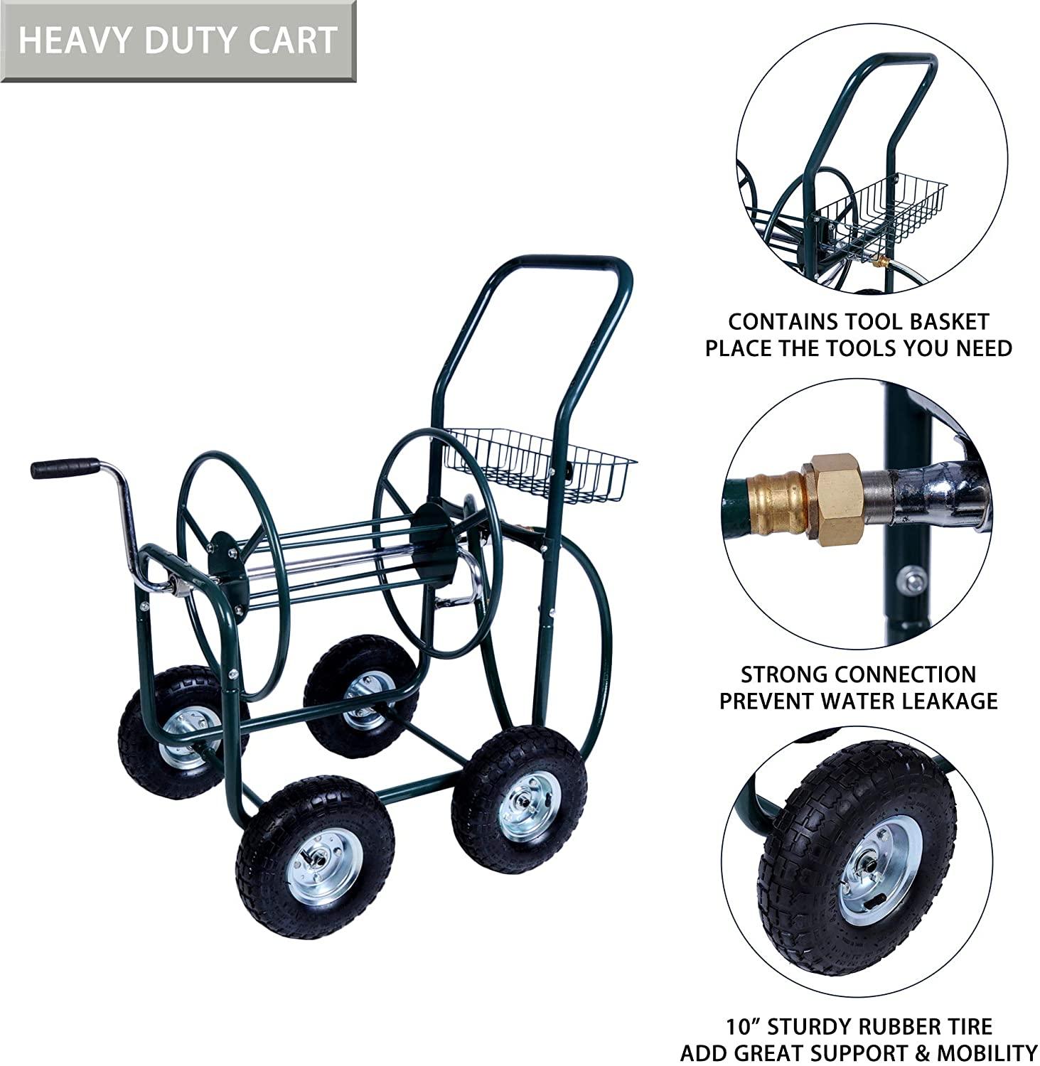 Portable Garden Hose Reel Cart with Wheels with Storage Basket Rust Resistant Water Hose Holder - Luckyermore