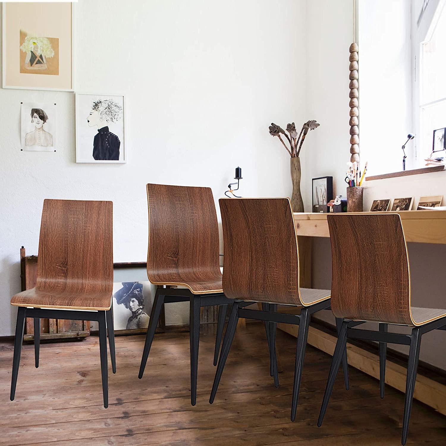 LUCKYERMORE Set of 4 Modern Kitchen Chairs with Wooden Seat and Metal Legs Dining Side Chair, Brown