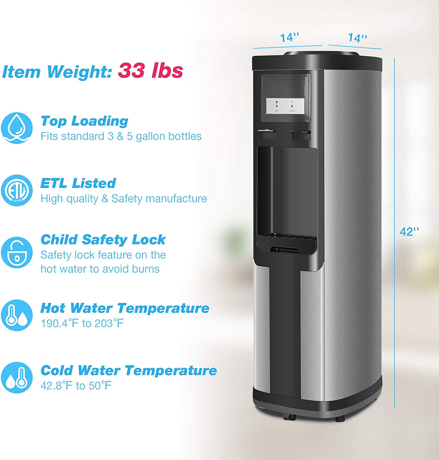 3-5 Gallon Top Loading Water Dispenser Cooler Hot and Cold with Child Safety Lock, ETL Listed Quiet, Black
