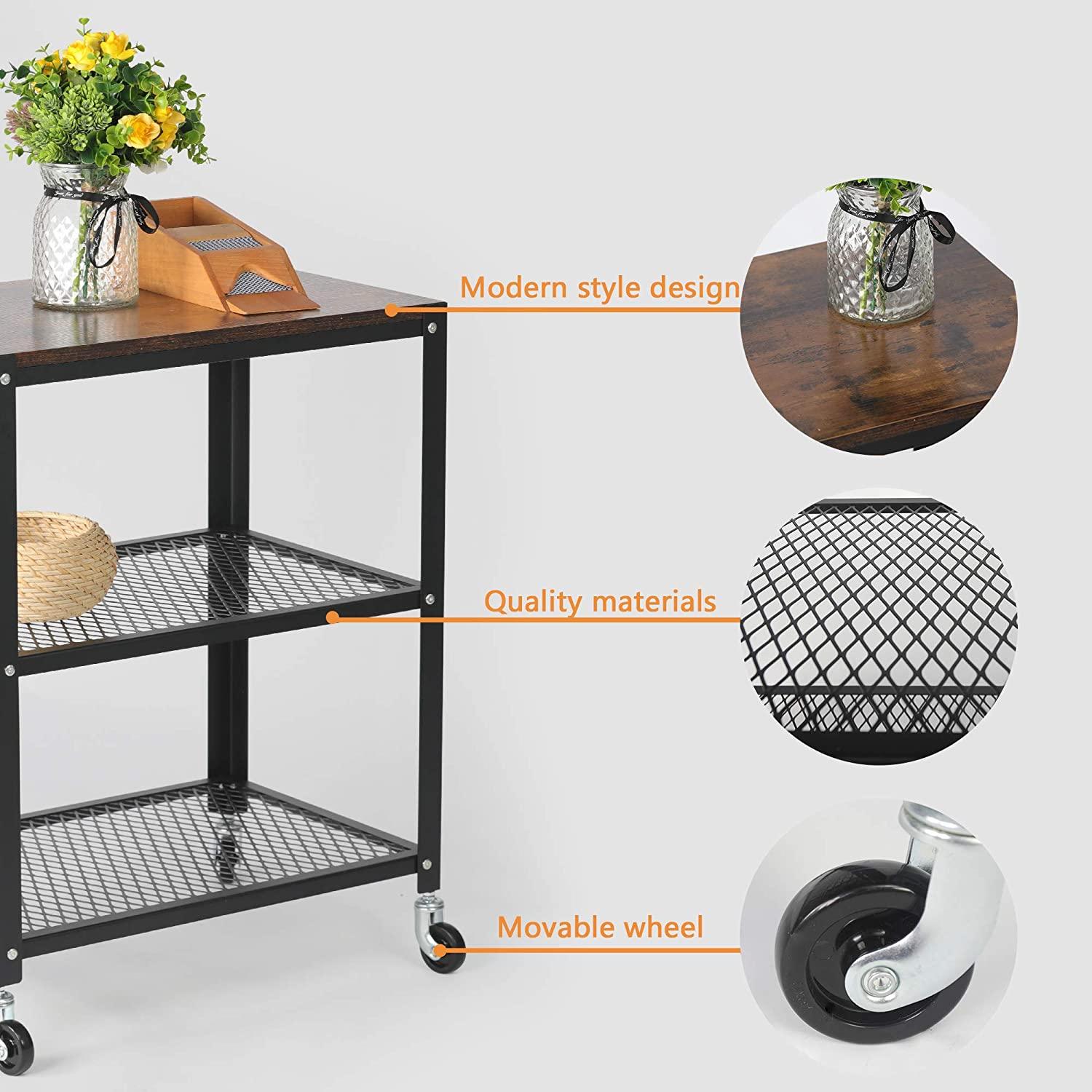 Modern Style Storage Rack with Wheels 3 Tiers Storage Shelf, 30" x 24.6" x 15.7", Black/Brown