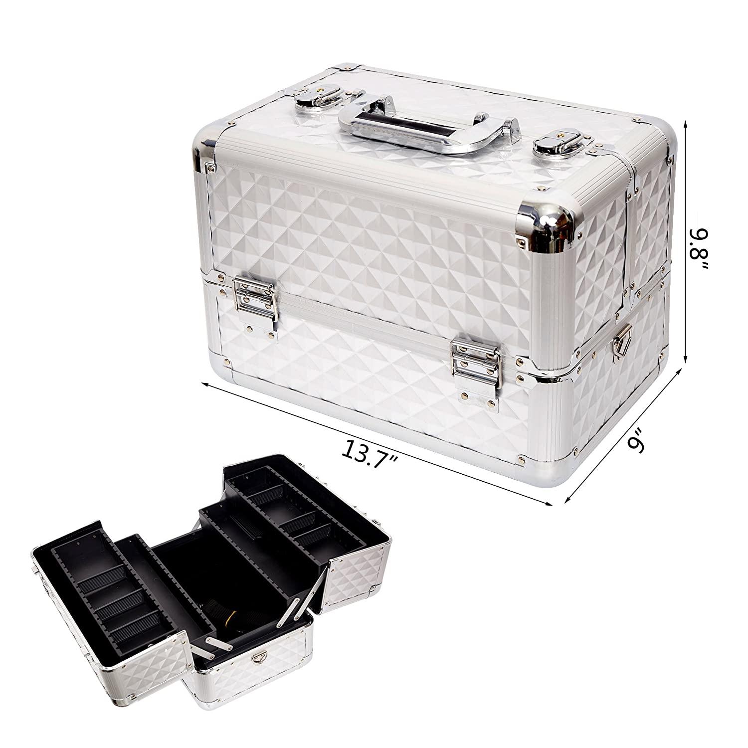 Makeup Train Case Professional Cosmetic Box with Adjustable Dividers 4 Trays and 2 Locks Glossy Aluminum Design - Luckyermore